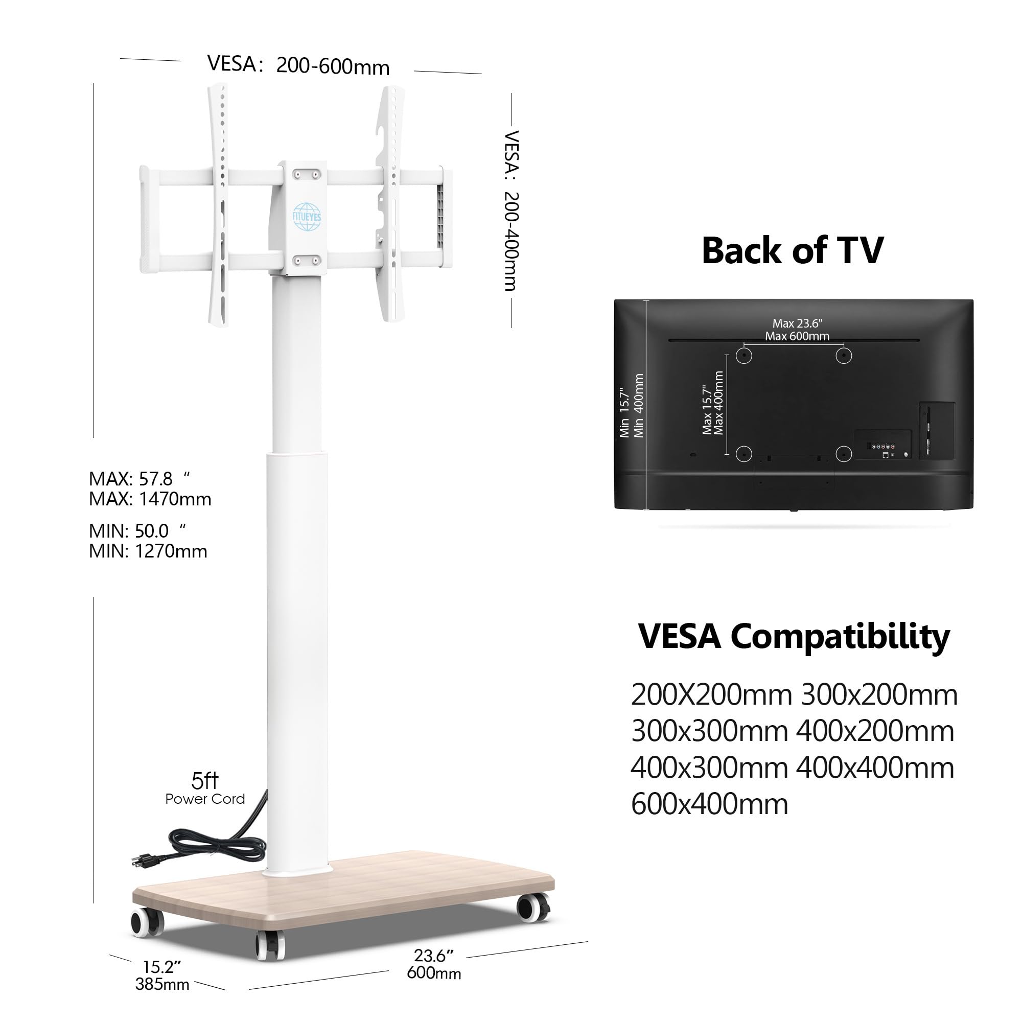 FITUEYES Rolling TV Stand with Power Outlets - Swivel Mobile TV Cart for 32-70 Inch Flat/Curved Screens, Height Adjustable Wood Base Supports 99Lbs - Perfect for Living Room, Bedroom, and Office Entertainment Setup