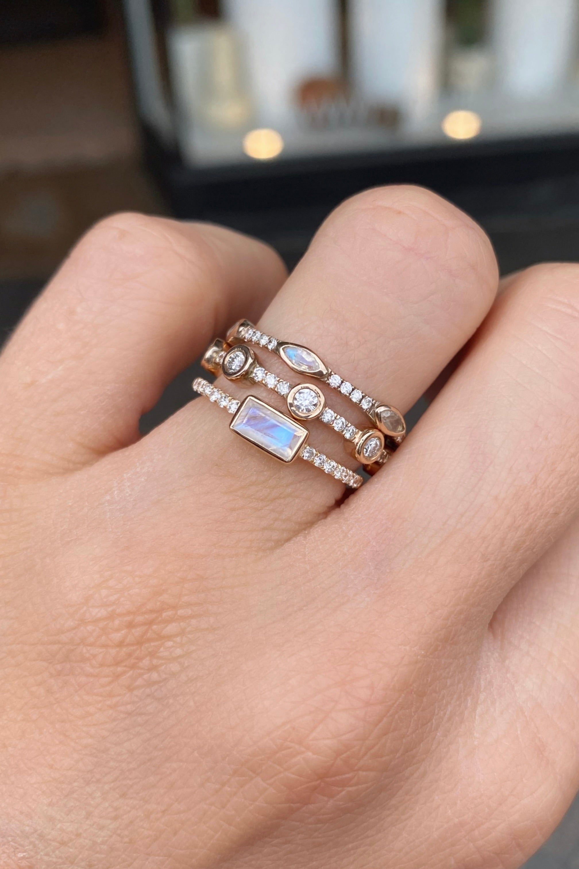 14K Yellow Gold Moonstone and Diamond Baguette Band Ring for Women - Elegant Stackable Wedding, Anniversary, or Everyday Jewelry