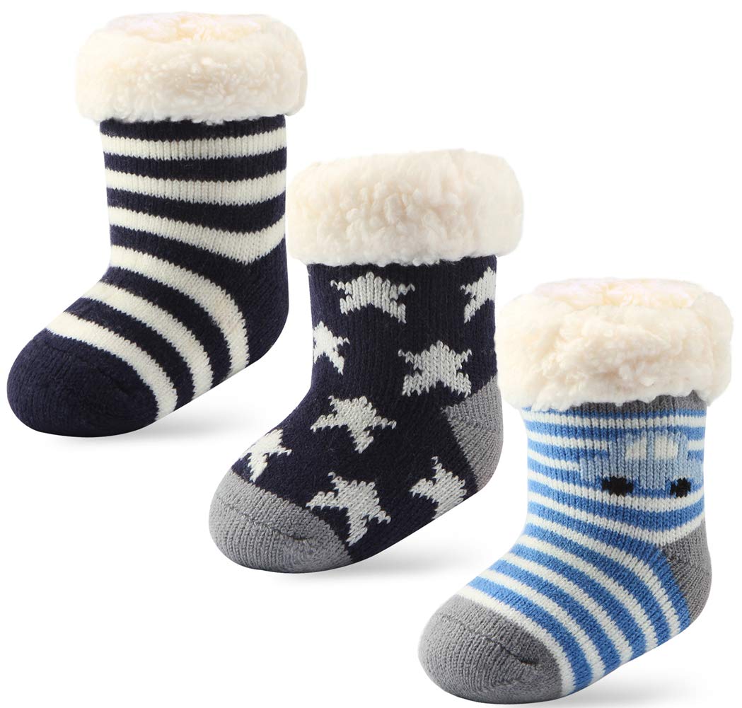 3 Pairs Sherpa-Lined Fuzzy Socks for Toddler Girls & Boys - Non-Slip Grips, Warm Winter Socks for Babies & Kids - Perfect for Christmas Gifts, Indoor Play & Cozy Home Wear