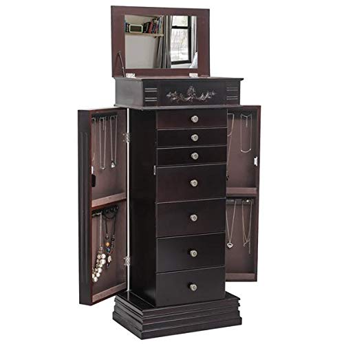Jewelry Armoire with Mirror - 8 Drawers & 16 Necklace Hooks - 2 Side Swing Doors - Brown Wooden Jewelry Organizer for Bedroom, Closet & Dressing Room - Perfect for Necklaces, Rings, Earrings & Accessories Storage