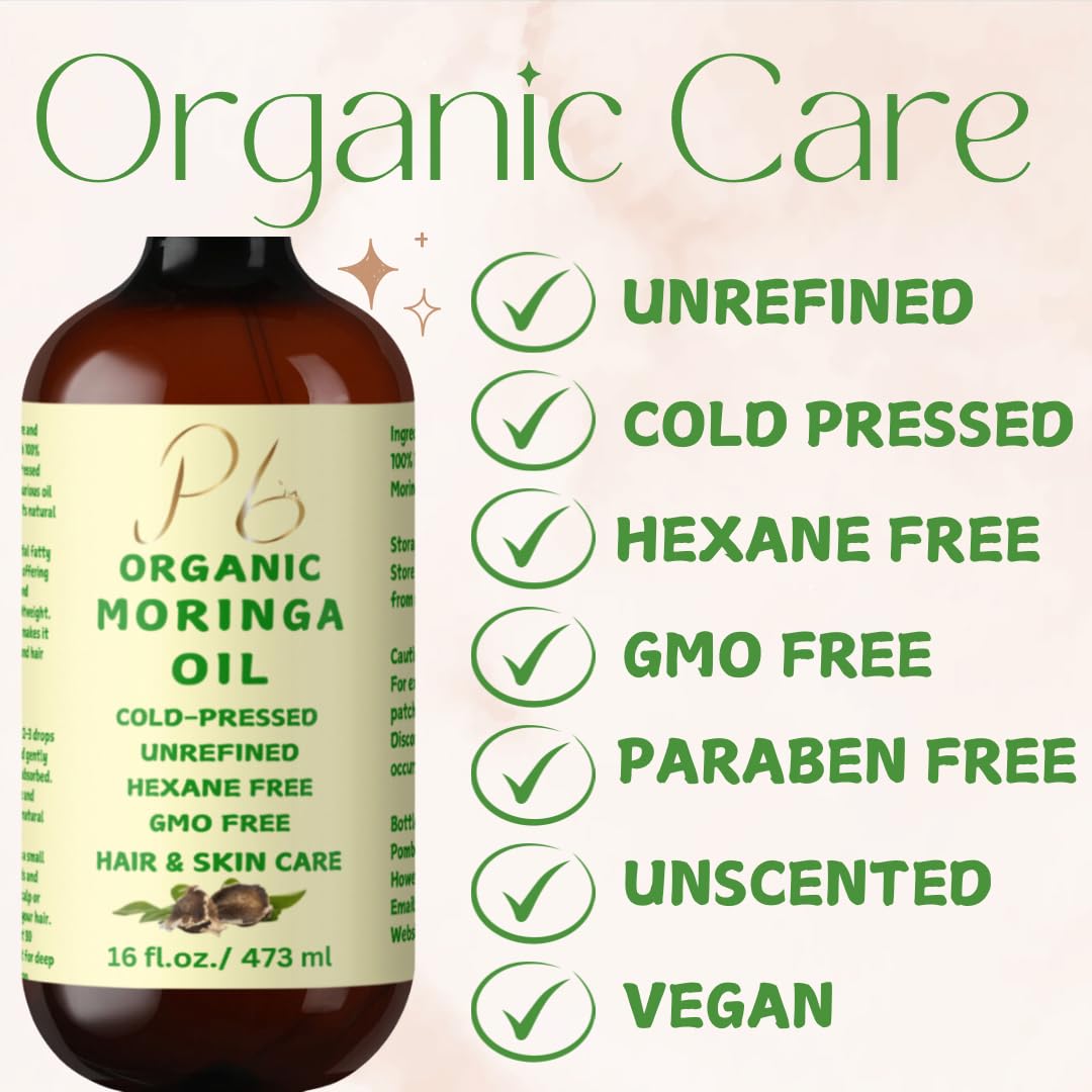 Organic Moringa Oil - 100% Pure Cold-Pressed Unrefined Moringa Oil for Hair & Skin Care | Hydrating Facial Oil & Body Moisturizer | 16 fl oz Glass Bottle with Pump | Perfect for Dry Skin, Hair Growth & Anti-Aging Routine