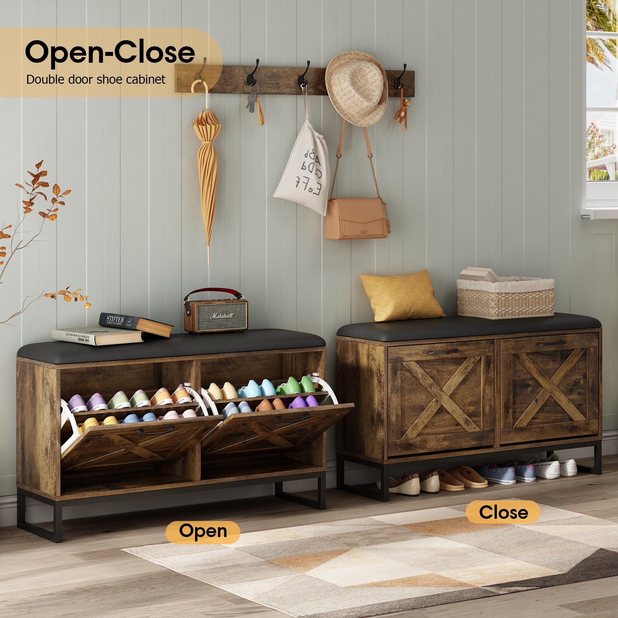 Maupvit Shoe Cabinet with 2 Flip Drawers & Coat Rack - Entryway Storage Bench with Seat Cushion, 5 Large Metal Hooks - Locking Wall Mount for Stability - Rustic Brown Shoe Organizer for Hallway, Mudroom & Living Room