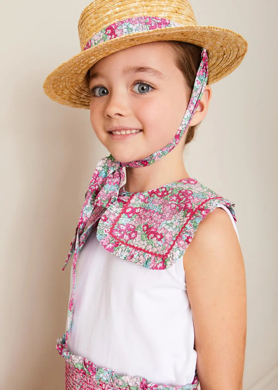 Pink Viola Floral Bow Detail Boater Hat for Women - Summer Beach Wedding & Garden Party Accessory (Size S/M)