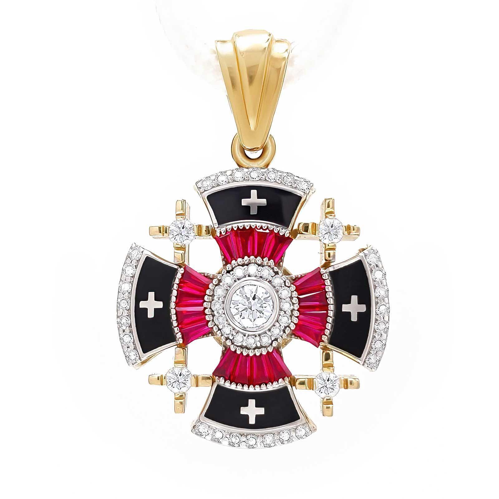 14K Gold Jerusalem Cross Necklace with Genuine Ruby, Diamonds & Black Enamel - Elegant Religious Jewelry for Women, Perfect Gift for Baptism, Confirmation & Special Occasions