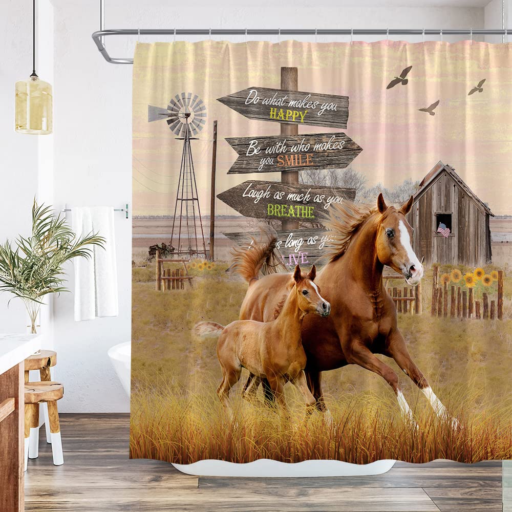 Rustic Farmhouse Horse Shower Curtain - Vintage Barn Animals & Windmill Floral Design - 70x70 Inch Polyester Bathroom Decor with Hooks - Perfect for Country Style, Western Themed or Equestrian Lover's Bathroom Décor