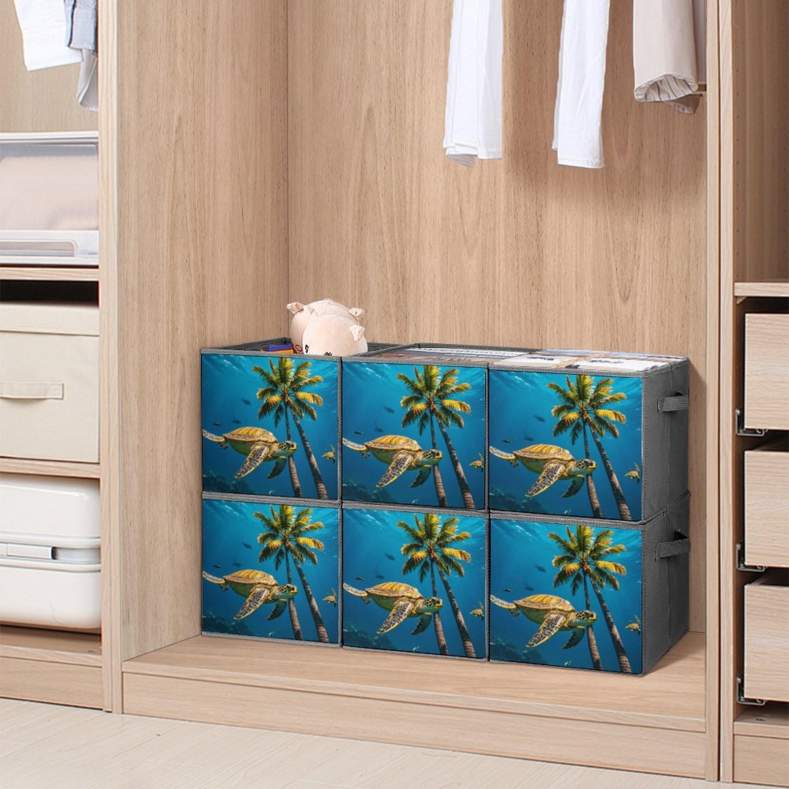 6-Piece Collapsible Storage Bins with Handles - Tropical Palm Trees & Sea Turtles Underwater Print - Multi-Functional Organizing Boxes for Home, Closet, Bathroom & Office Storage Solutions