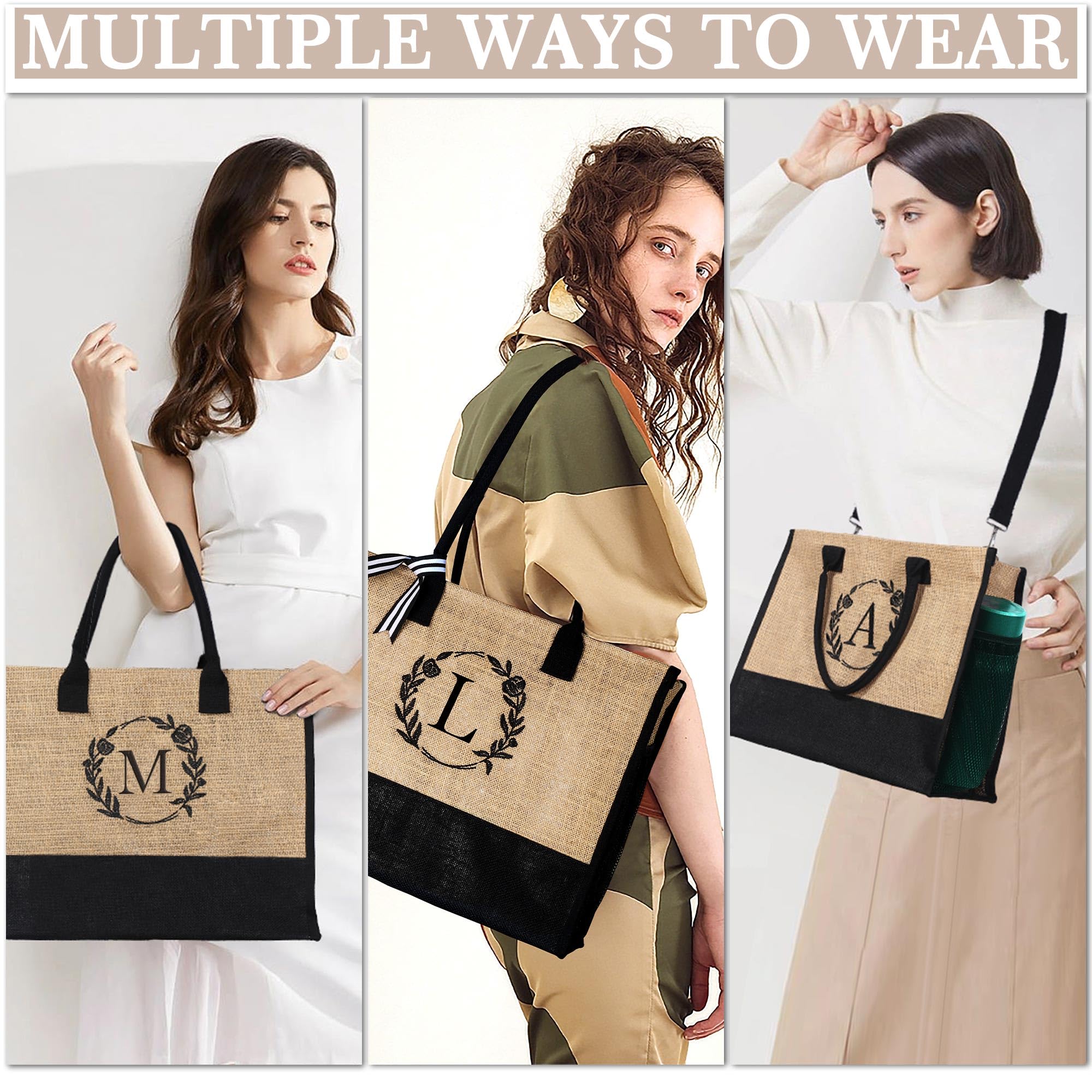 YOOLIFE Personalized Initial Jute Tote Bag & Makeup Bag Set - Best Birthday Gifts for Women, Wife, Mom, Teacher, Friend - Perfect for Shopping, Travel & Daily Use