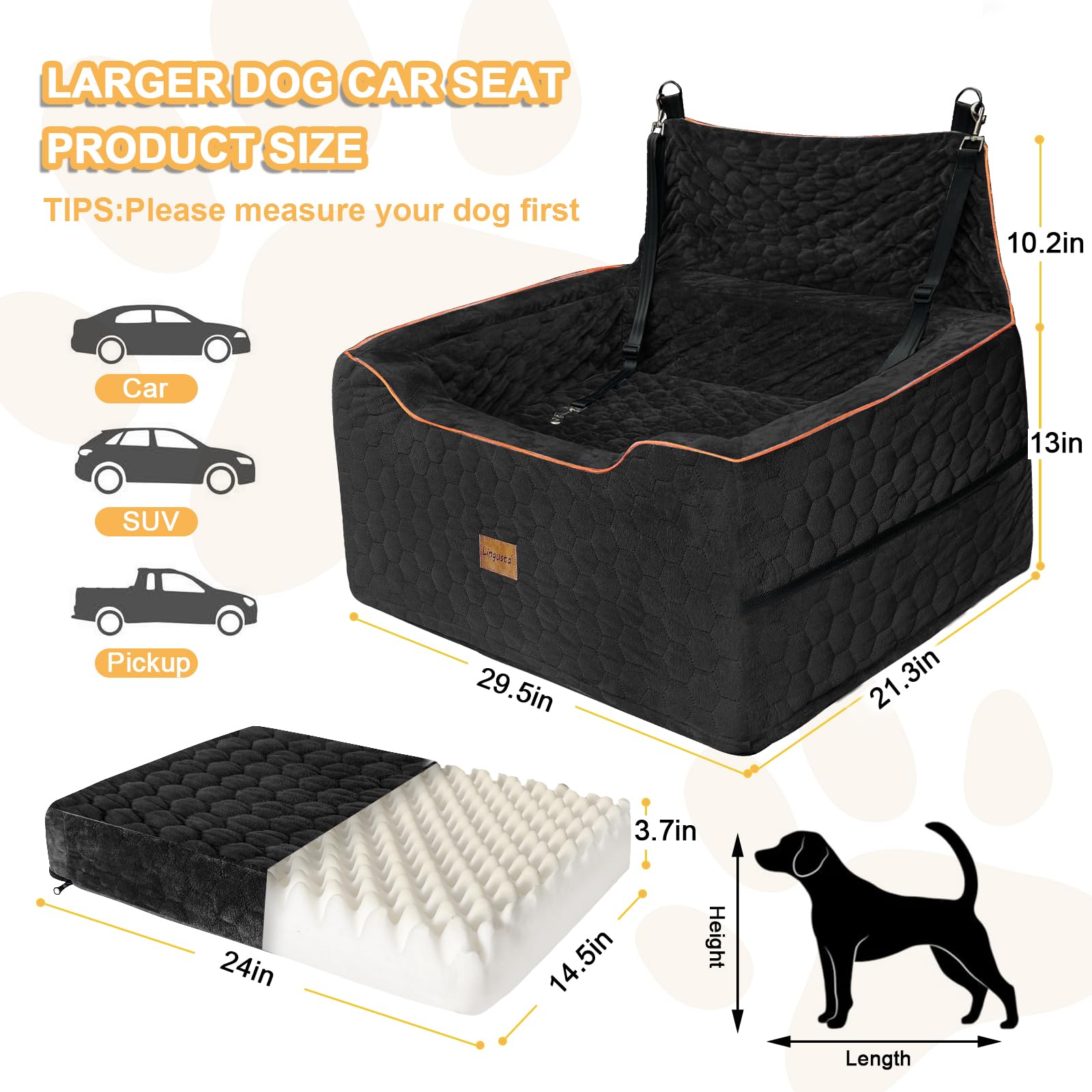 Premium Dog Car Seat for Large & Medium Dogs - Washable Pet Booster Seat with Storage Pockets, Travel Safety Bed for Pets Under 55Lbs (Black) - Perfect for Road Trips, Vet Visits & Daily Commutes