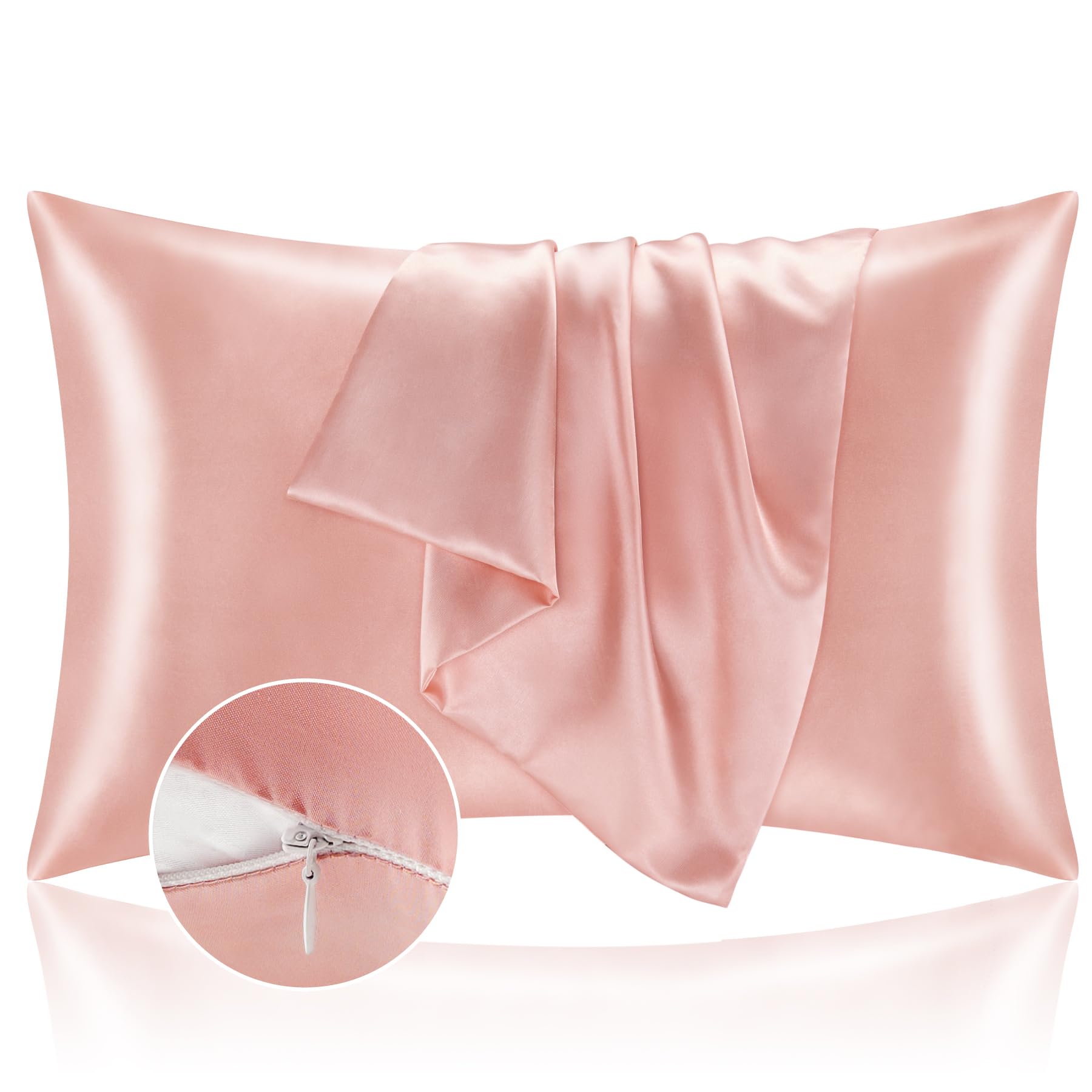 BEDELITE Satin Pillowcase with Zipper 2 Pack - Coral Standard Size (20x26 Inches) - Super Soft Cooling Silk-Like Pillow Cases for Women & Men - Perfect for Hair Care, Skin Protection & Better Sleep