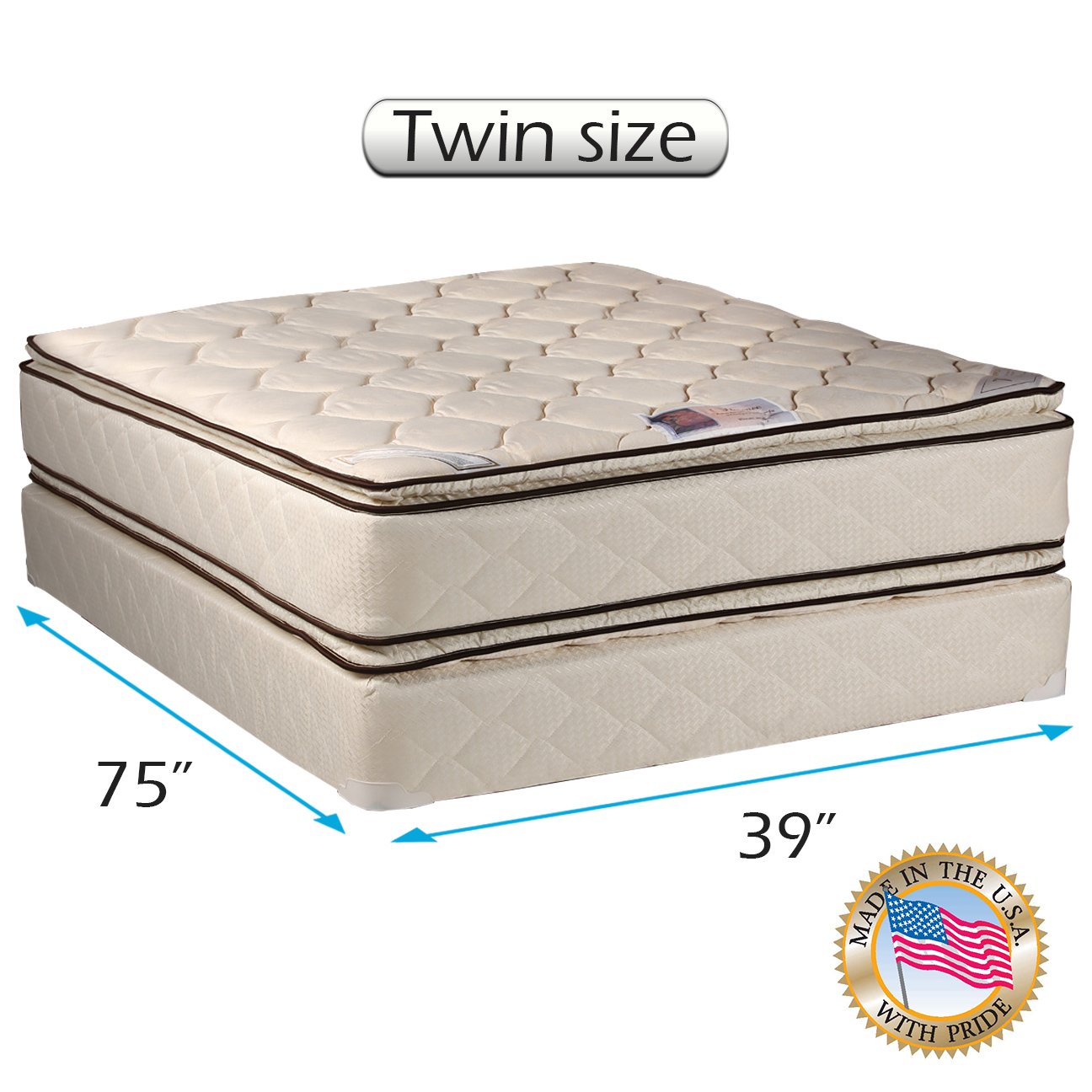 Dream Solutions USA DS USA Coil Comfort Double-Sided PillowTop Mattress Set with Mattress Protector - Orthopedic Support, Innerspring Coil System, Fully Assembled (Twin 39