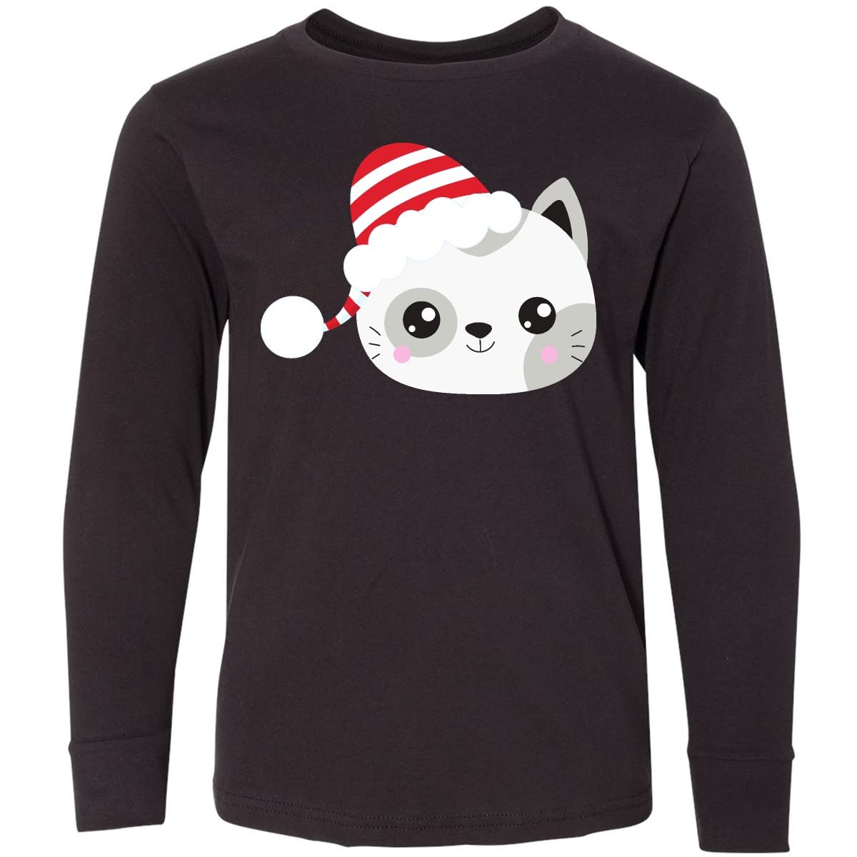 Inktastic Christmas Cat T-Shirt - Cute Cat with Santa Hat Holiday Long Sleeve Shirt for Kids | Christmas Party, Family Gathering, Winter Gift