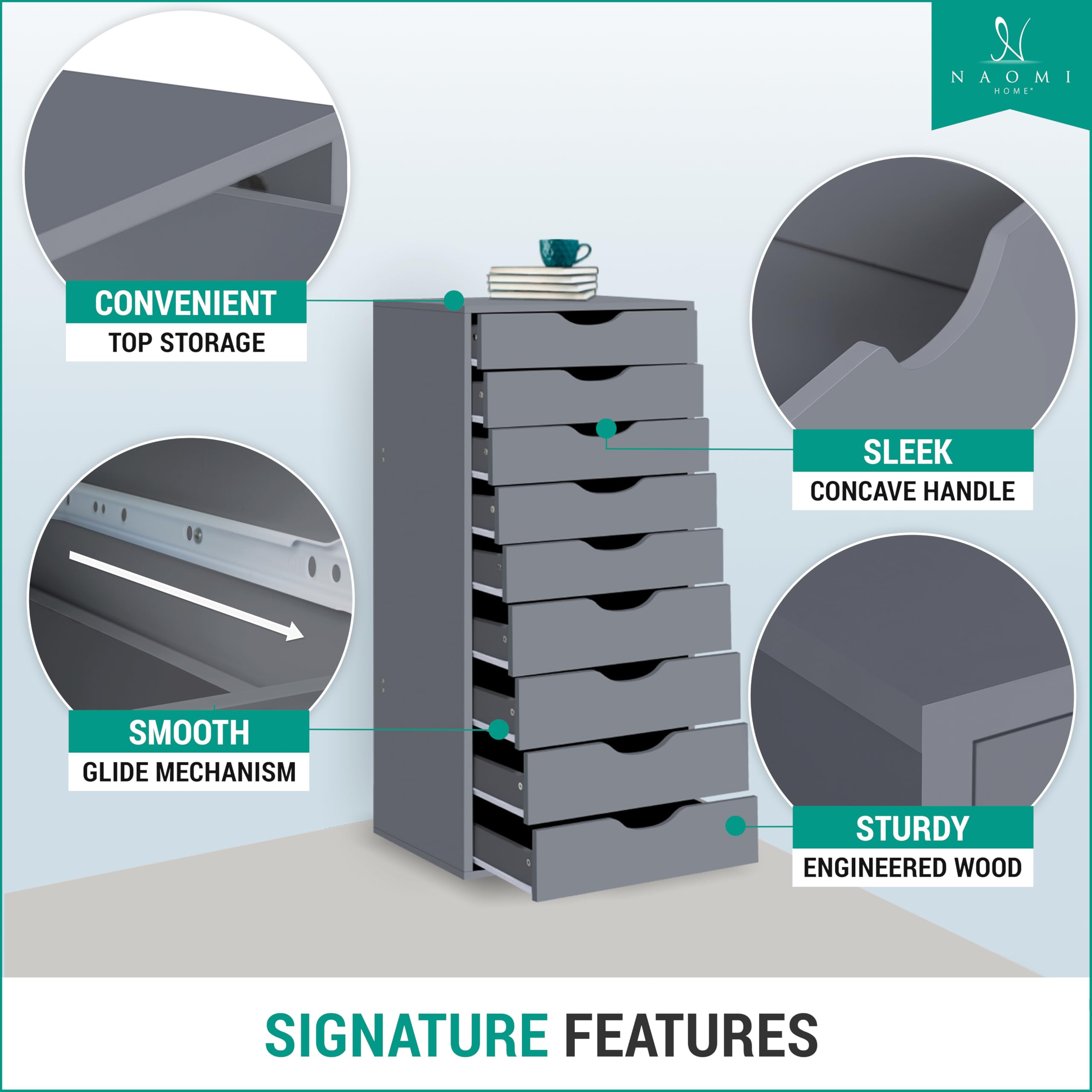 Naomi Home 9-Drawer Tall Dresser for Bedroom & Closet Organization - Gray Storage Cabinet with 200 lbs Capacity, Stylish Makeup Vanity & Shelves | Perfect for Small Spaces, Apartment Living & Bedroom Storage Solutions
