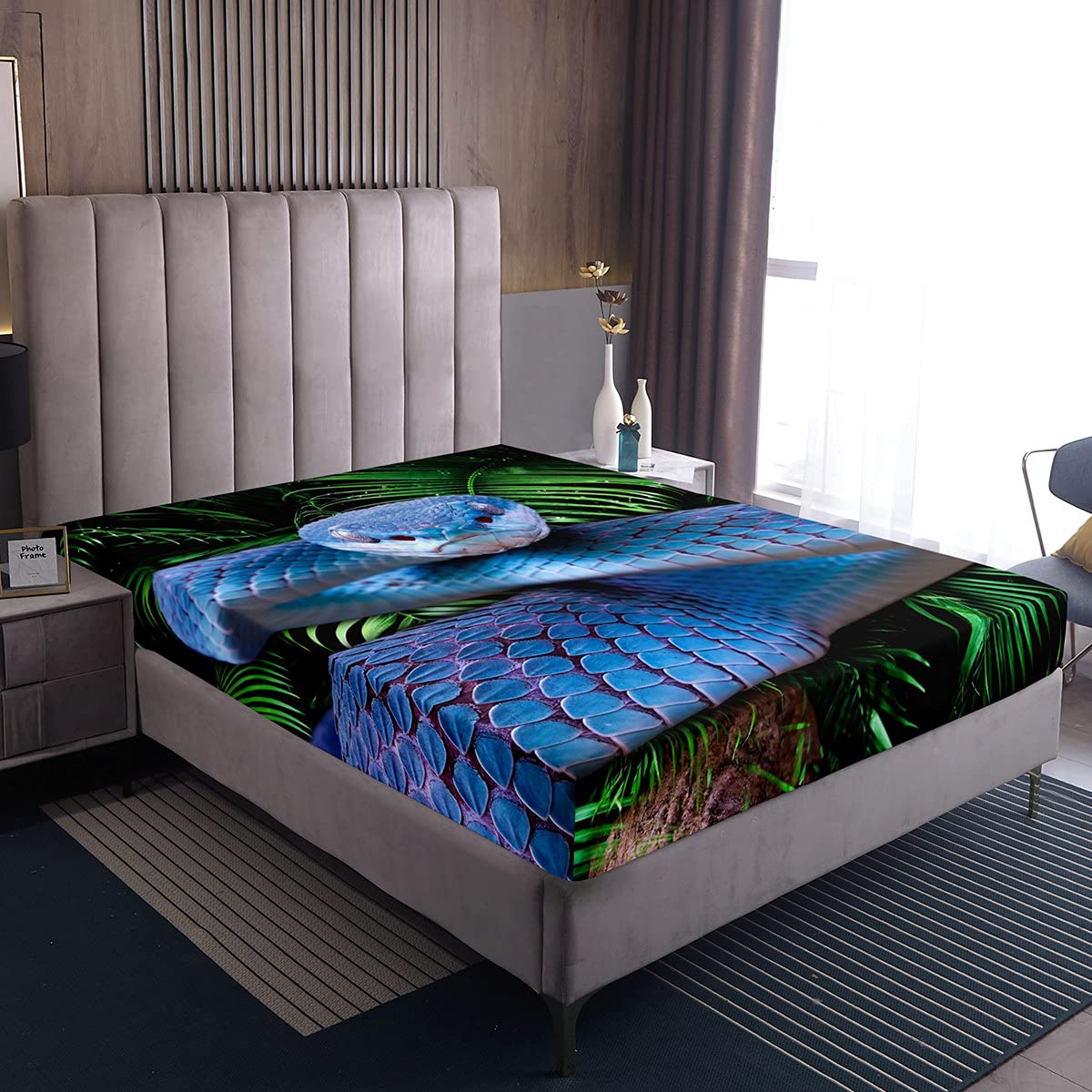 3D Python Print Full Sheet Set - Luxury Soft Lightweight Bedding with Deep Pocket, 1 Flat Sheet, 1 Fitted Sheet & 2 Pillowcases - Tropical Reptile Themed Home Decor for Jungle & Boho Bedroom Style