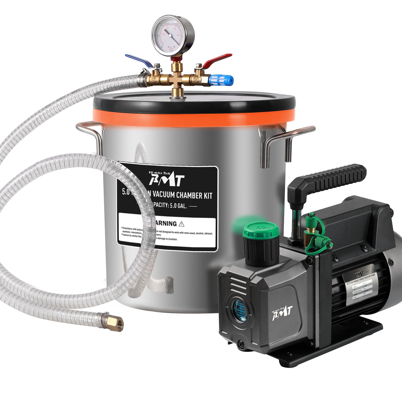 PB Motor Tech 5 Gallon Vacuum Chamber Kit with 4.5 CFM Vacuum Pump - Tempered Glass Lid & 38 Micron Chamber Set for Wood Stabilization, Resin Casting, and Food Preservation | Oil-Free Vacuum Sealer System for DIY Projects and Industrial Use