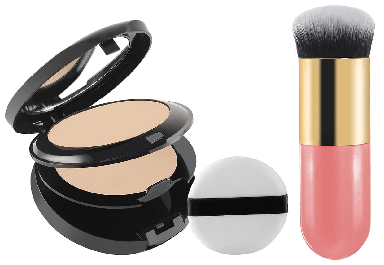 Oil Control Compact Powder for Girls - 2-in-1 Matte Finish Makeup with Full Coverage | Double Beige Shades for Fair Skin Tone | Includes Oval Makeup Brush | Perfect for Daily Wear, School & Special Occasions