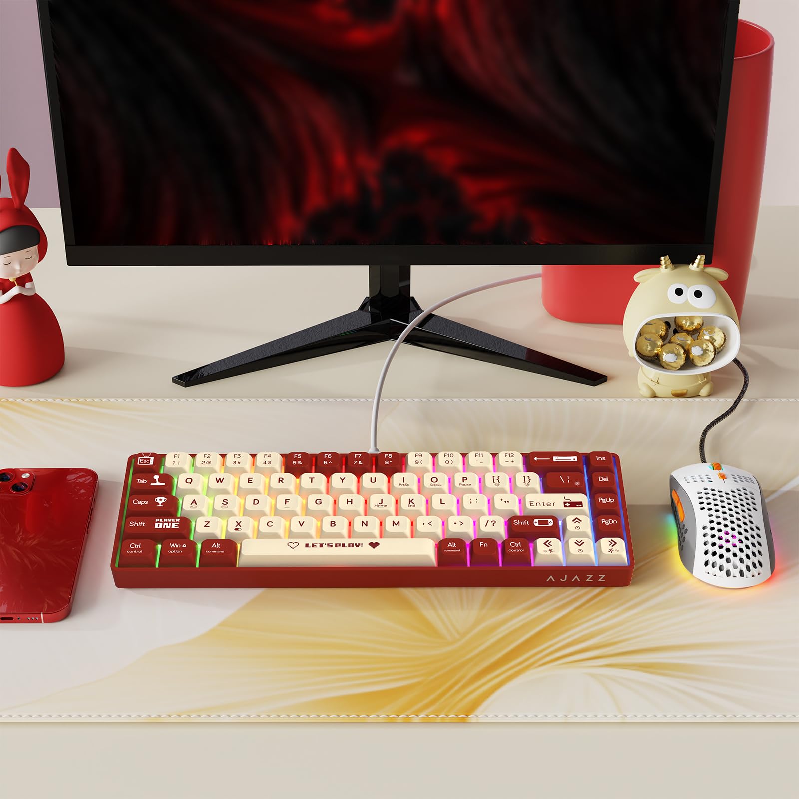 AJAZZ AK680 68-Key 60% Hot Swappable Mechanical Gaming Keyboard with Blue Clicky Switch & 6400 DPI RGB Gaming Mouse - Compact Design for PC, Mac, Laptop Gamers - Perfect for Esports, Office Work and Typing Enthusiasts
