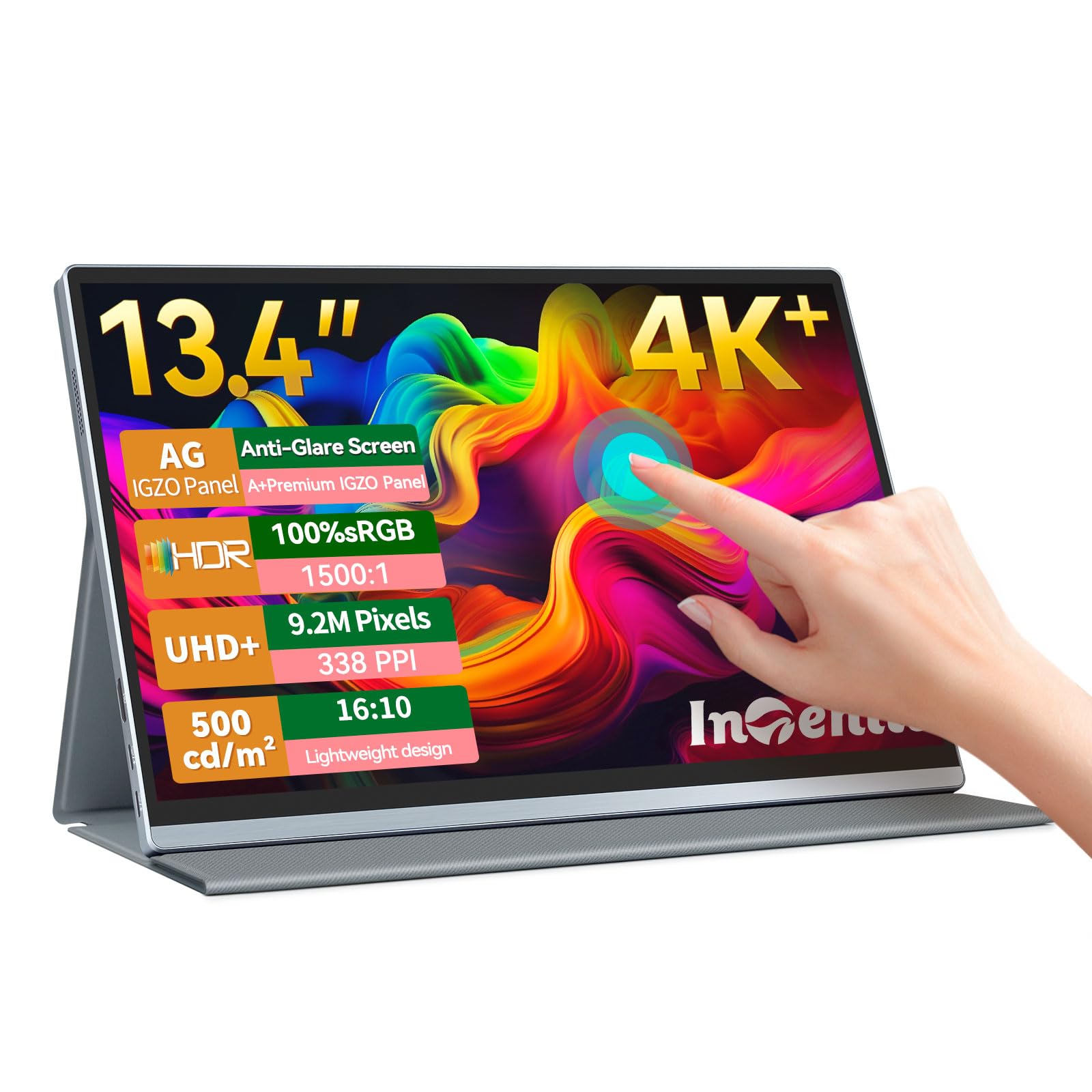 Intehill 13.4 Inch 4K Portable Monitor with Touchscreen - 3840x2400 IGZO Anti-Glare Display, 10-Point Multi-Touch, HDR, 100% sRGB, Built-in Speakers, Dual USB-C & HDMI Ports - Compatible with Laptop, Mac, Phone, PS5 - Perfect for Work, Gaming & Travel
