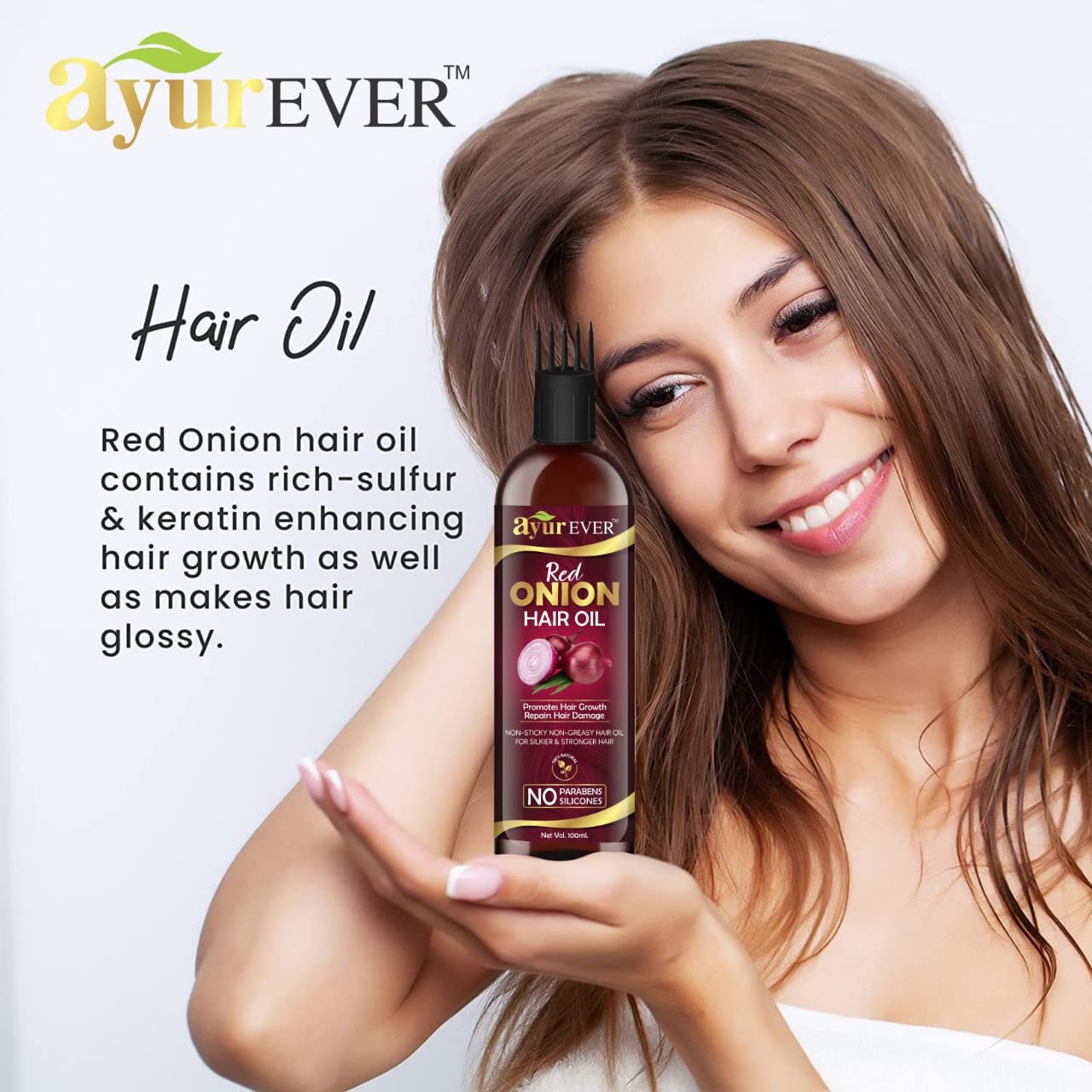 AYUREVER Red Onion Hair Oil for Hair Growth & Hair Loss Treatment - Anti-Dandruff Scalp Care with Deep Root Comb Applicator (100ml) - Promotes Thicker, Stronger Hair for Men & Women | Daily Hair Care & Styling Essential