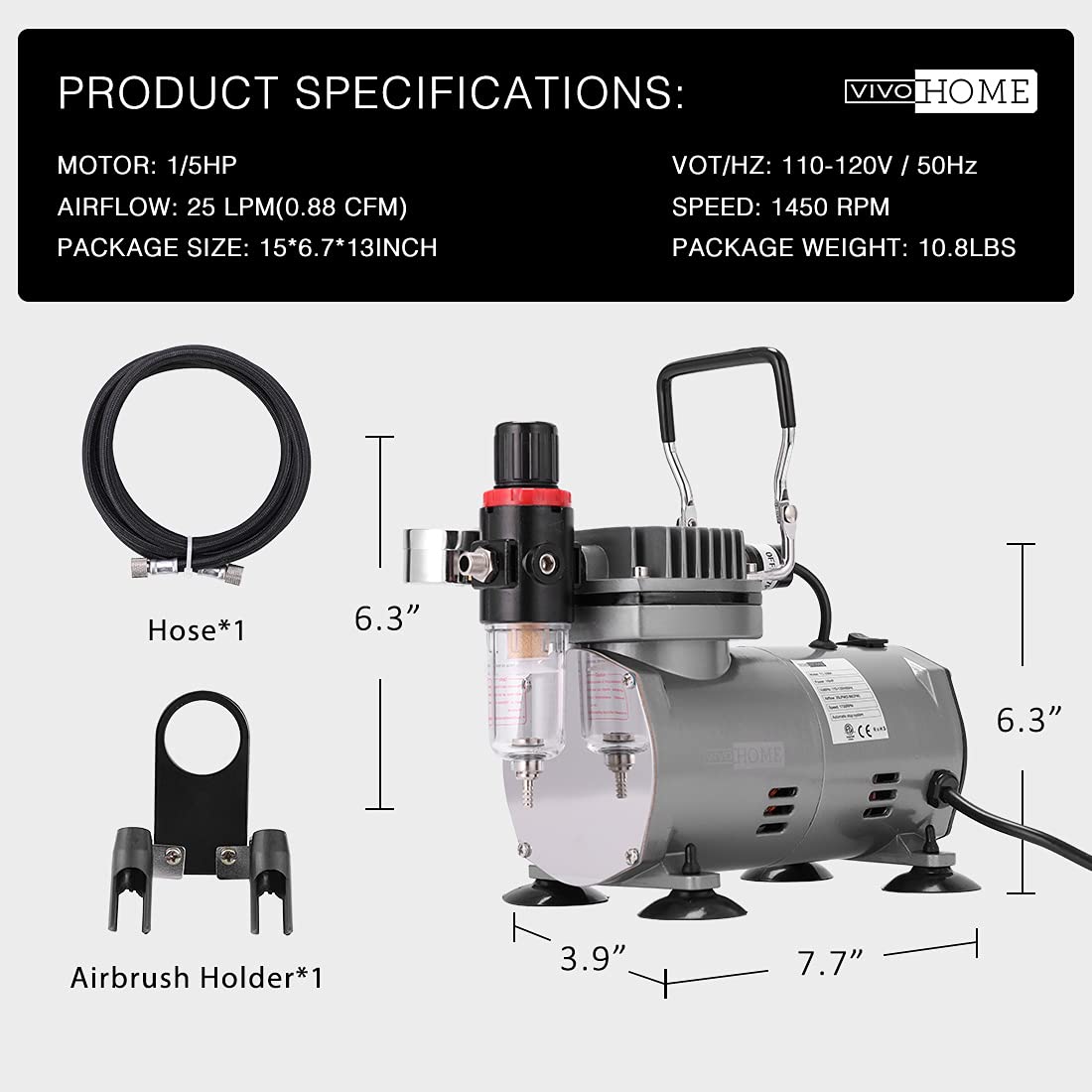 VIVOHOME 1/5 HP Airbrush Kit with Dual Action Airbrush, Gravity Feed, Quiet Air Compressor & Holder - Perfect for Makeup, Tattoo, Nail Art, Cake Decorating & Model Painting