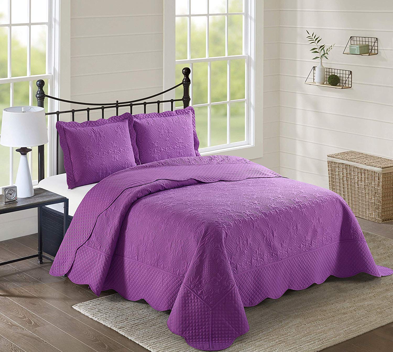 Better Home Style 3-Piece Luxury Ultrasonic Embossed Solid Quilt Coverlet Bedspread Set - King/Cal-King Size, Purple (#Veronica) for Master Bedroom, Guest Room & Hotel Decor