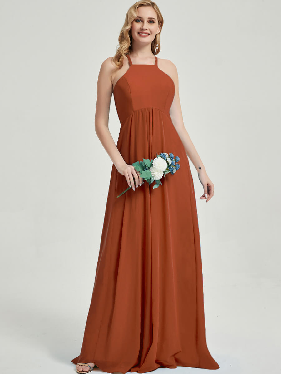 Elegant Burnt Orange Chiffon Bridesmaid Dress - Halter Neck, Empire Waist & Pleated Backless Design for Weddings, Parties & Special Occasions