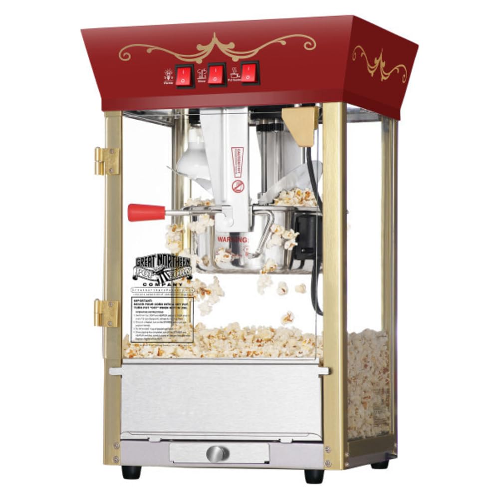 Great Northern Popcorn Matinee 8oz Popcorn Machine with Stainless Steel Kettle - Red Commercial Popcorn Popper with Reject Kernel Tray, Warming Light & Accessories for Movie Nights, Parties & Home Theater Snacks