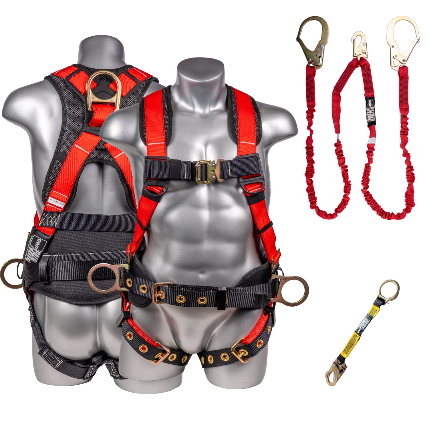 Palmer Safety Fall Protection Hammerhead Kit - 5 Point Safety Harness, 6ft Double Leg Lanyard, 18in D-Ring Extender (Red, Medium) | OSHA Compliant Construction & Roofing Safety Gear
