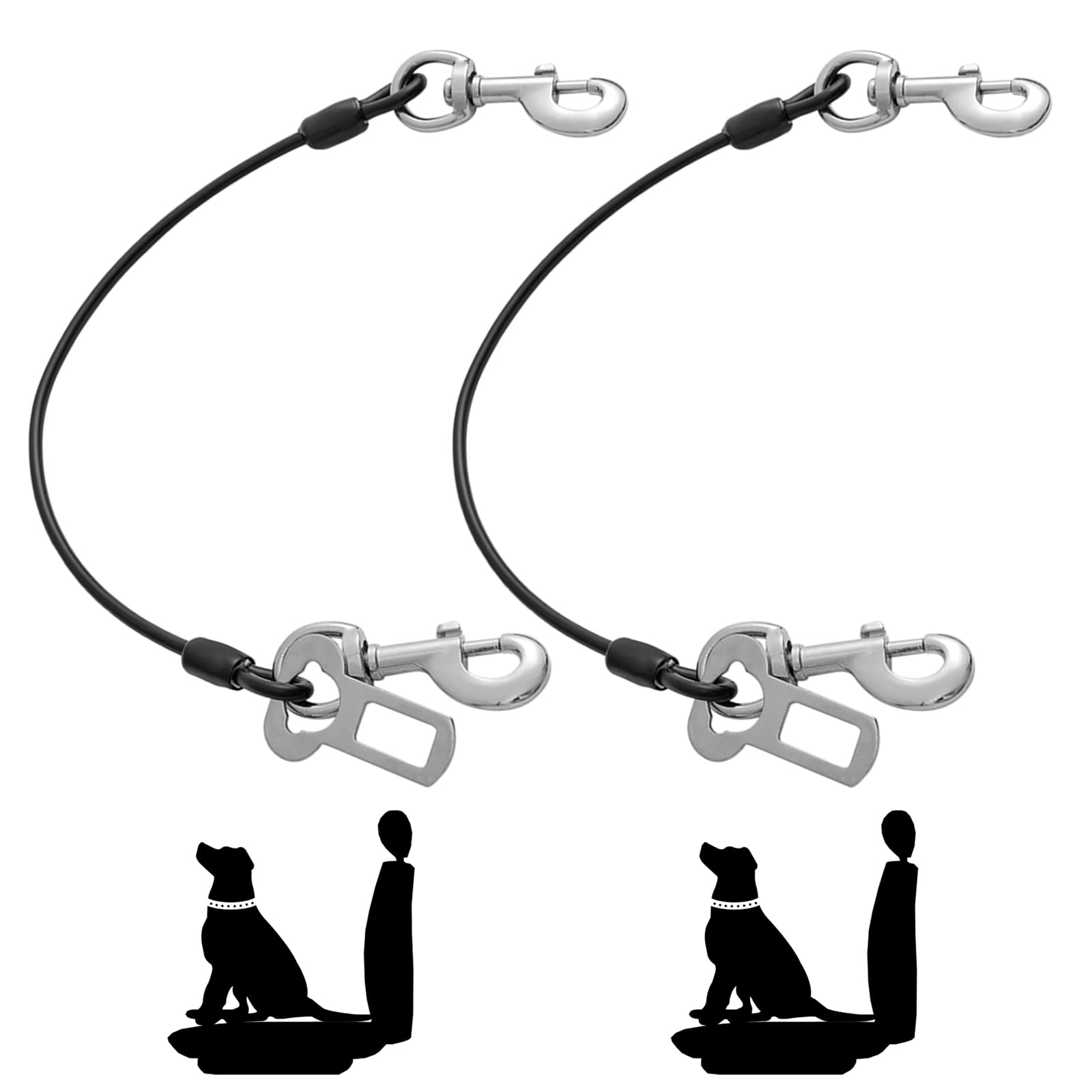 Mi Metty 2 Pack Dog Car Harness - No-Chew Coated Wire Rope Safety Restraint with Double Clips & Latch Attachment (16 inch/40cm, Black) - Secure Pet Travel for Cars, SUVs & Road Trips