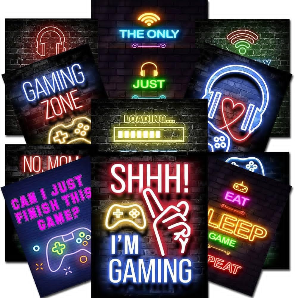 GOSBI 12-Piece Neon Gaming Poster Set - 8x10 Inch Video Game Wall Art for Teen Boys Room Decor | Perfect for Gaming Room, Bedroom & Man Cave | No Frame Included