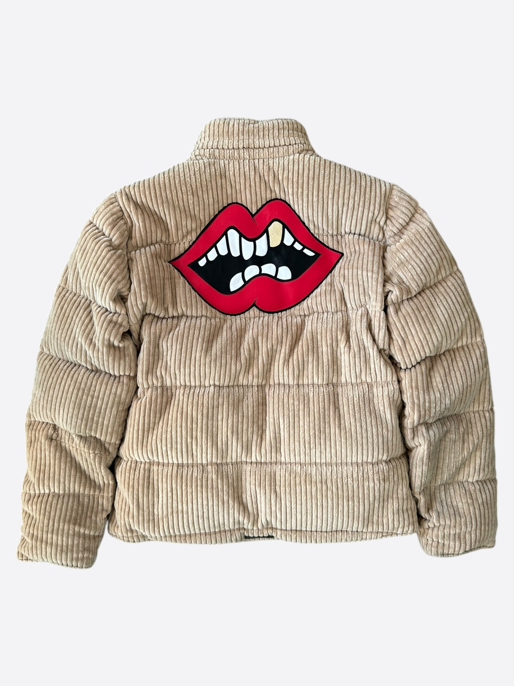 Chrome Hearts Beige Corduroy Chomper Puffer Jacket for Men - Stylish Winter Coat with Hood, Warm Quilted Outerwear for Casual Streetwear & Urban Fashion