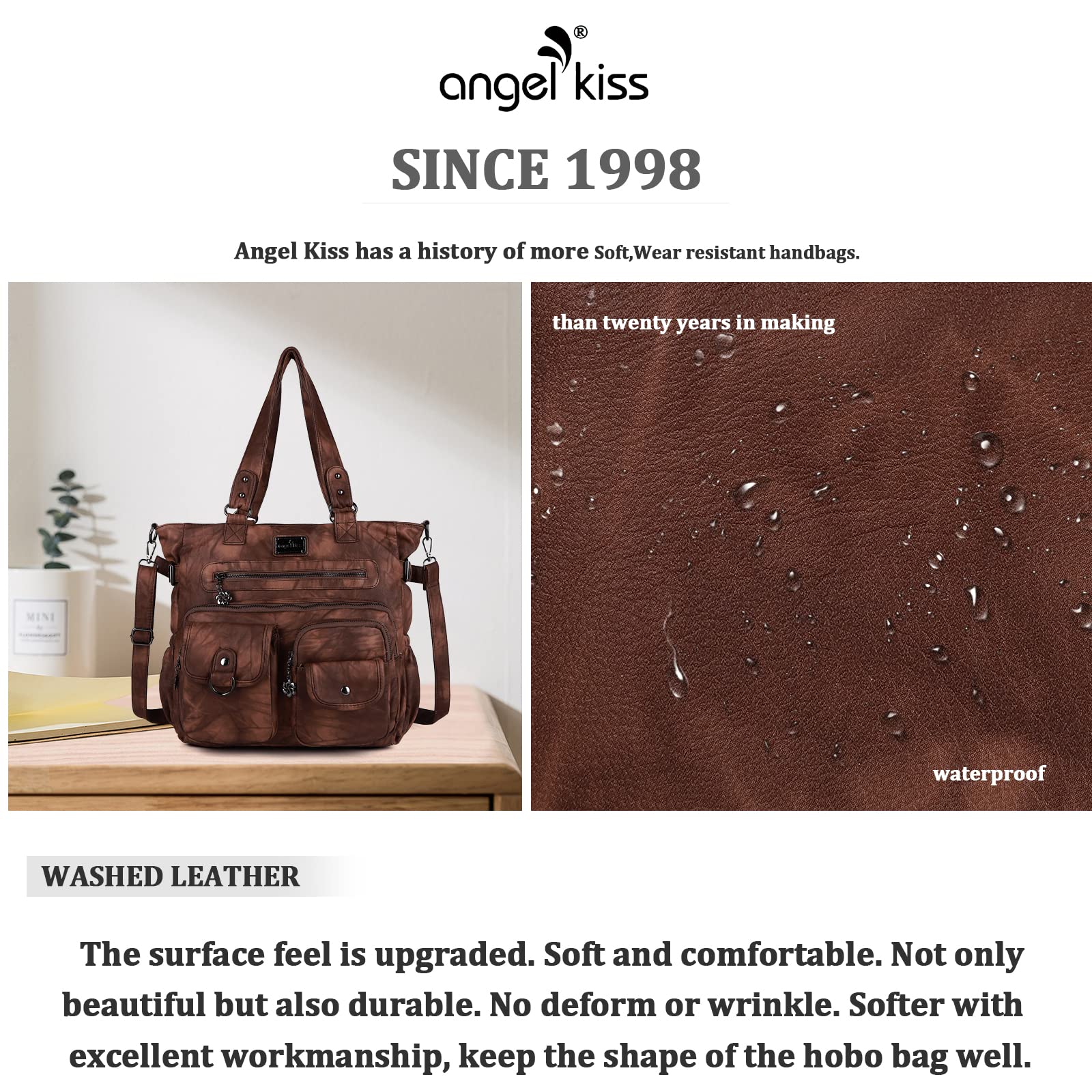 Angelkiss Women's Soft Leather Hobo Bag - Stylish Satchel Shoulder Tote & Crossbody Purse for Everyday Use, Work, Travel & Shopping