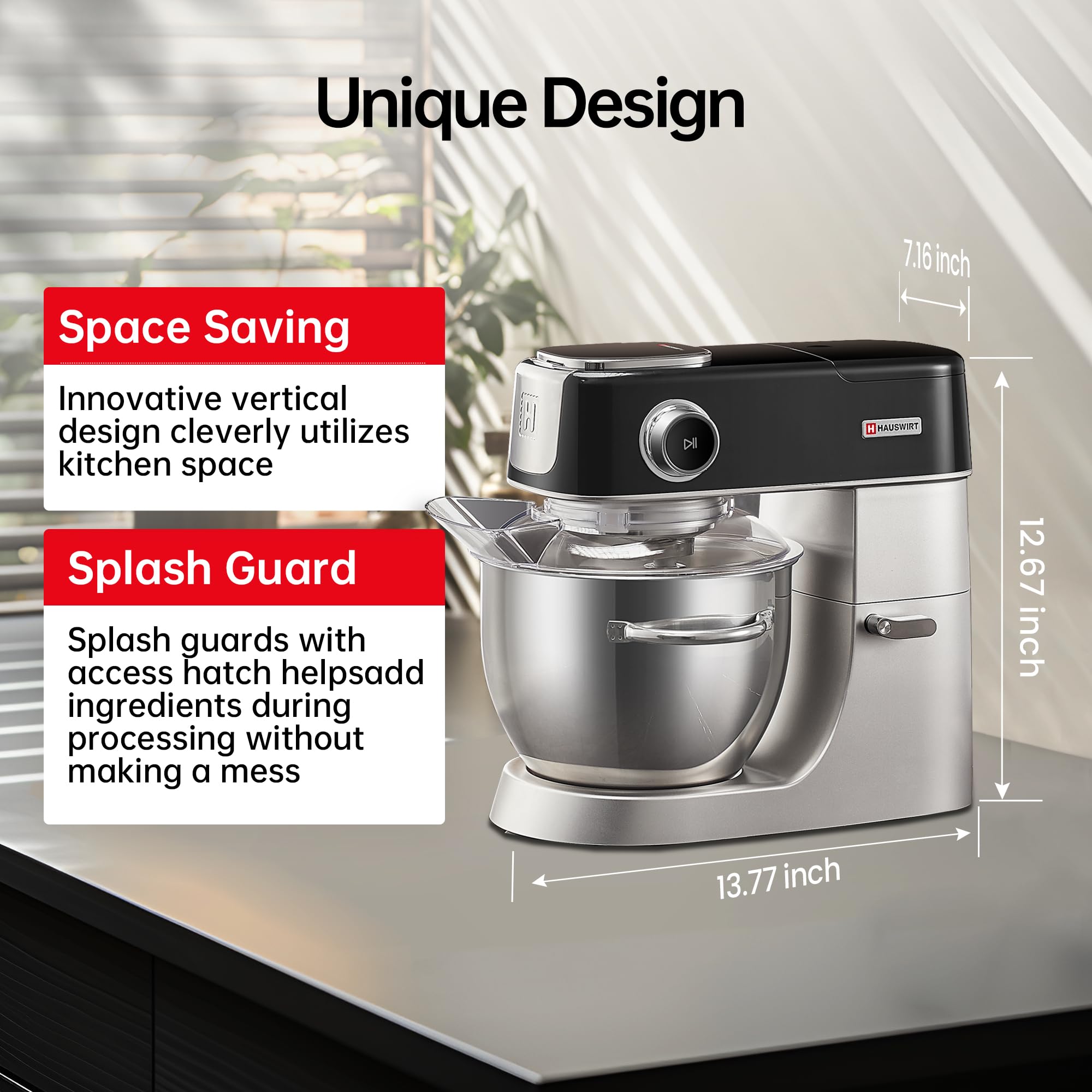 Hauswirt M5 Premium Smart Stand Mixer - 5.3Qt Kitchen Electric Mixer with LED Touchscreen, 11 Speeds, 5 Preset Menus - Includes Egg Whisk, Dough Hook & Beater - Perfect for Baking Bread, Cakes & Cookies (Black)