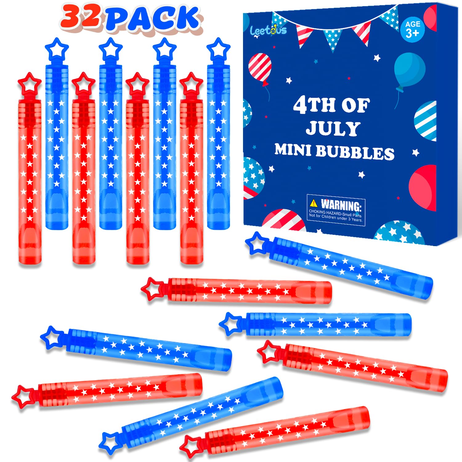 32 Pack Mini Bubbles Wands - Patriotic Party Favors for Kids, 4th of July, Memorial Day & Birthday Celebrations | Bulk Bubble Toys for Goodie Bags, Classroom Rewards & Outdoor Summer Fun