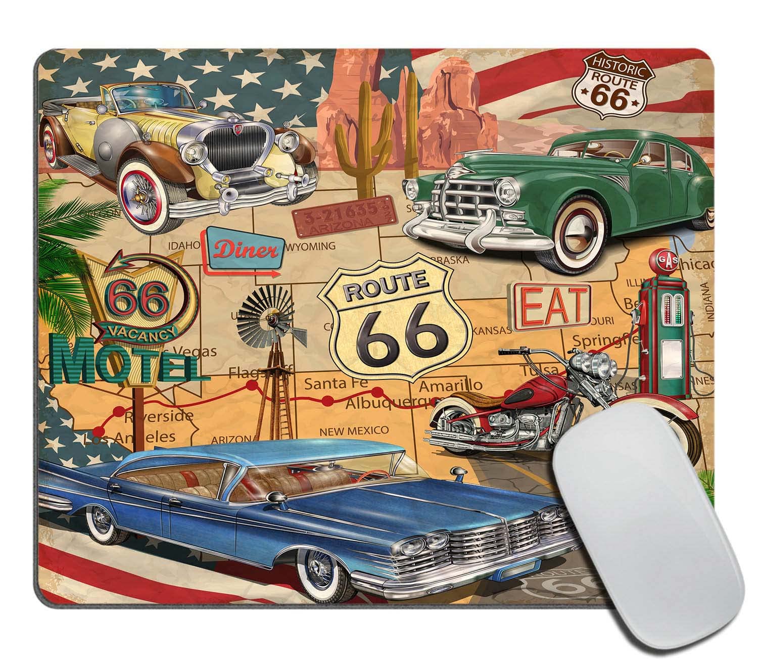Vintage Route 66 Car Mouse Pad - Non-Slip Rubber Base with Classic American Diner & Motorcycle Design (9.5×7.9×0.12 inches) - Perfect for Office, Gaming & Retro Computer Setup