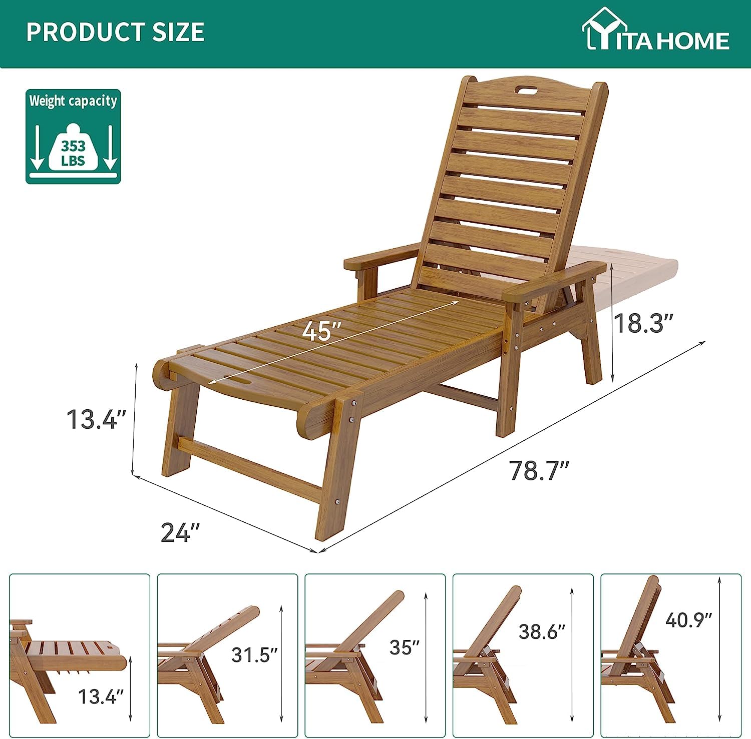 YITAHOME 2-Pack Outdoor Chaise Lounge Chairs with Adjustable Backrest - Heavy Duty Resin Patio Loungers with Wide Armrests (350lbs Capacity) - Waterproof Teak Design for Poolside, Beach, Backyard & Garden Relaxation