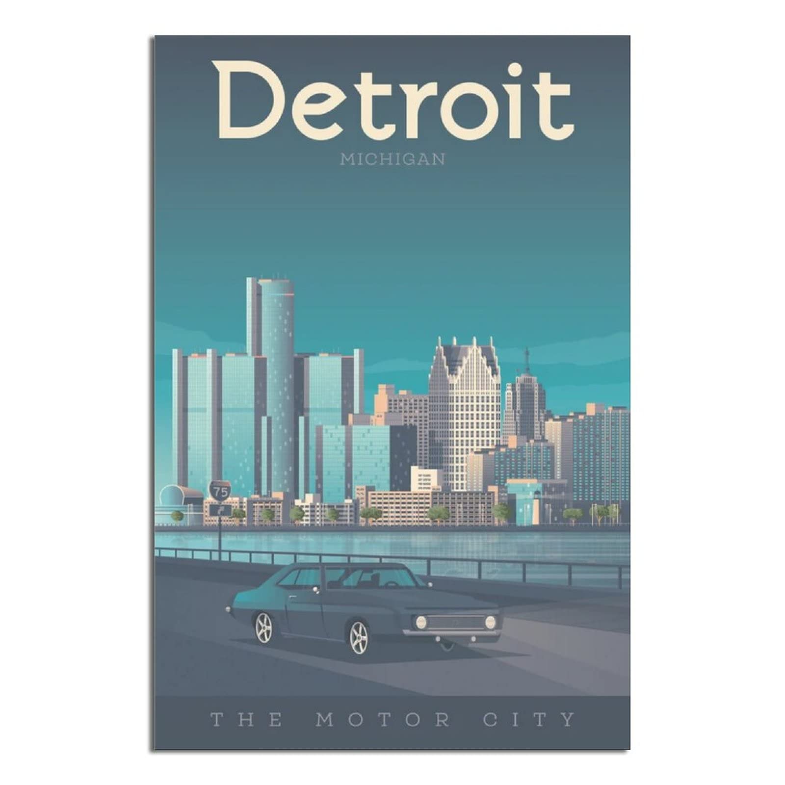Vintage Detroit Michigan Motor City Night Travel Poster - Canvas Wall Art Painting for Home & Office Decor - Perfect for Living Room, Bedroom, Birthday Gift & Travel Enthusiasts