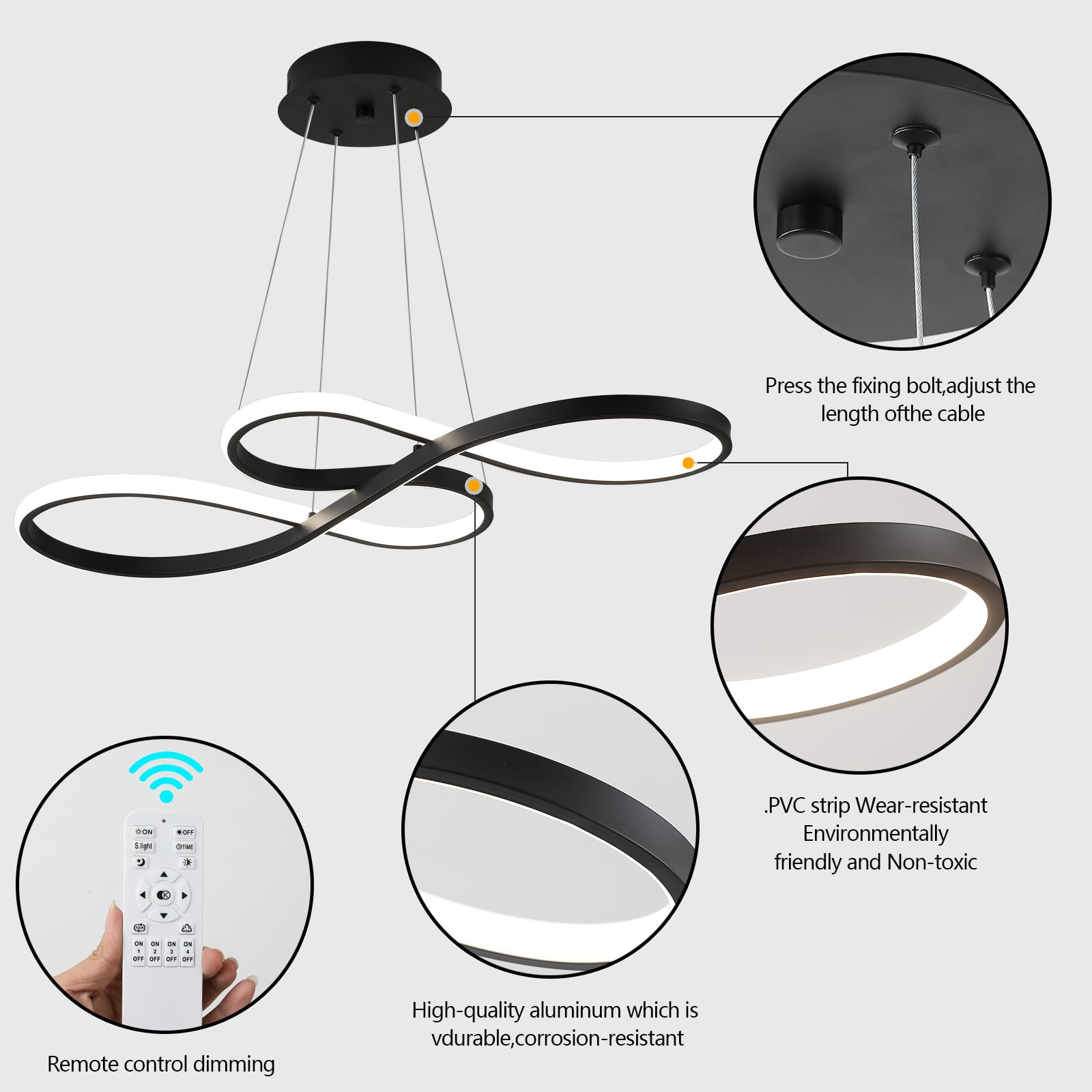 Q&S Modern Black LED Chandelier with Remote Control - Dimmable Dining Room Light Fixture for Living Room, Bar, Game Room, Restaurant, Hotel & Office - Perfect for Romantic Dinners, Entertainment Spaces & Professional Settings (30-inch)