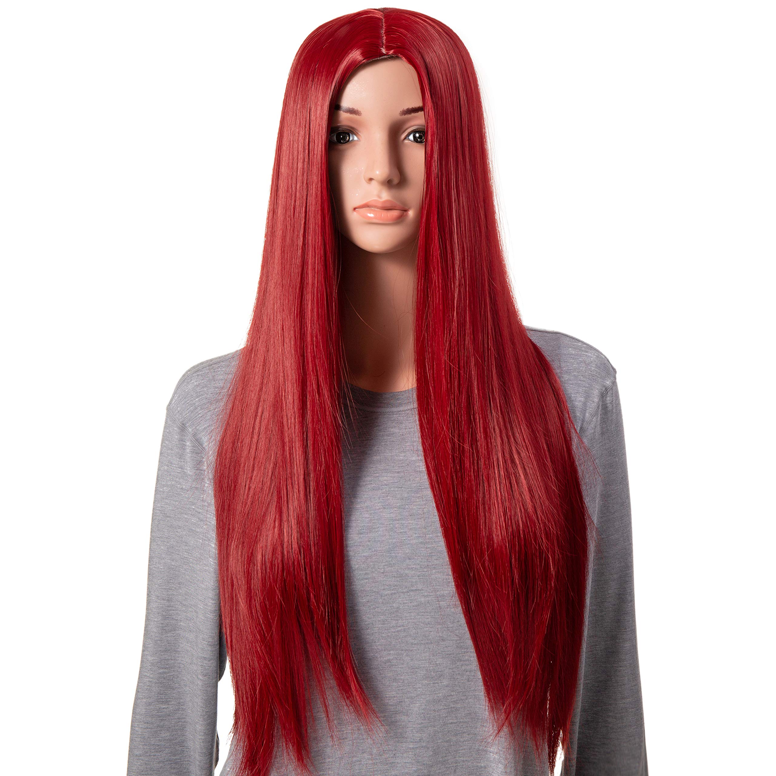Onedor 30 Inch Long Straight Red Synthetic Hair Cosplay Wig with Wig Cap for Women - Perfect for Halloween, Cosplay, and Costume Parties (T1557 - Red)