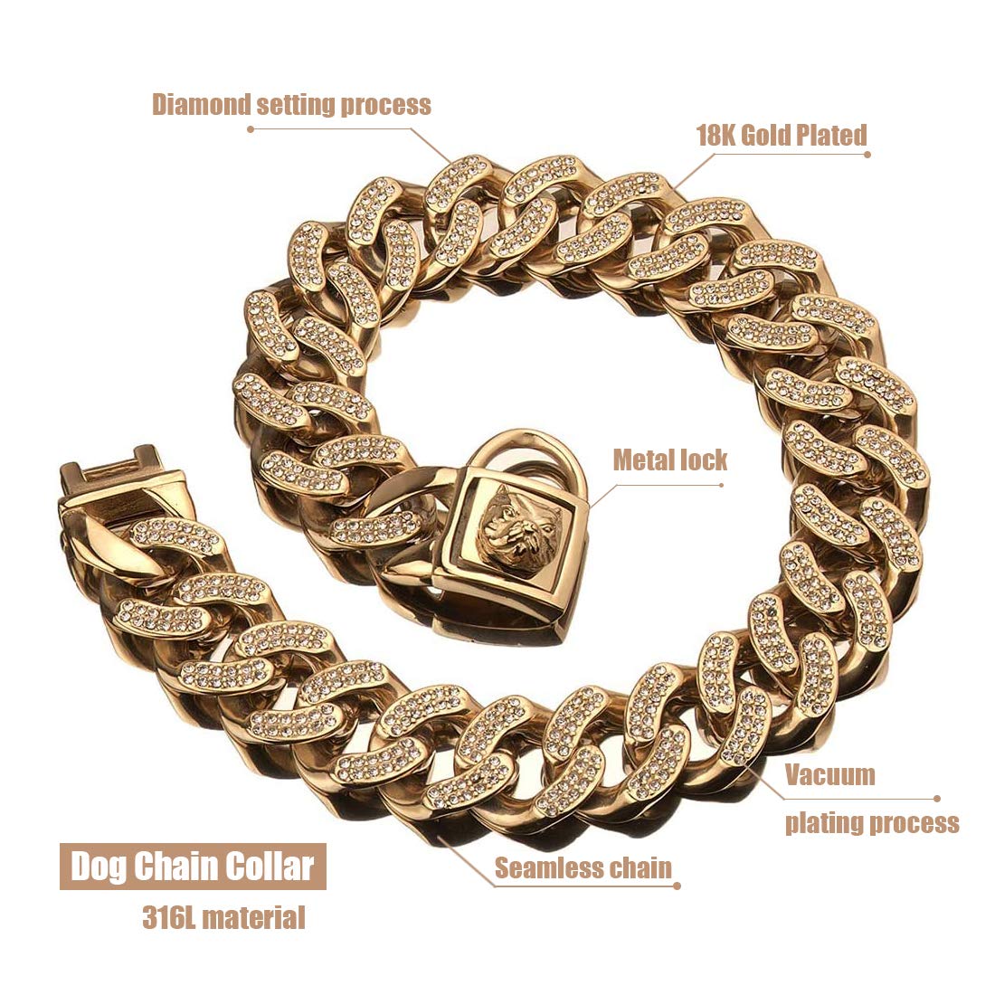 32MM Heavy Duty Stainless Steel Dog Chain Collar for American Bully - 16inch/41cm Gold Plated Pet Necklace - Perfect for Training, Walking & Fashion Accessories