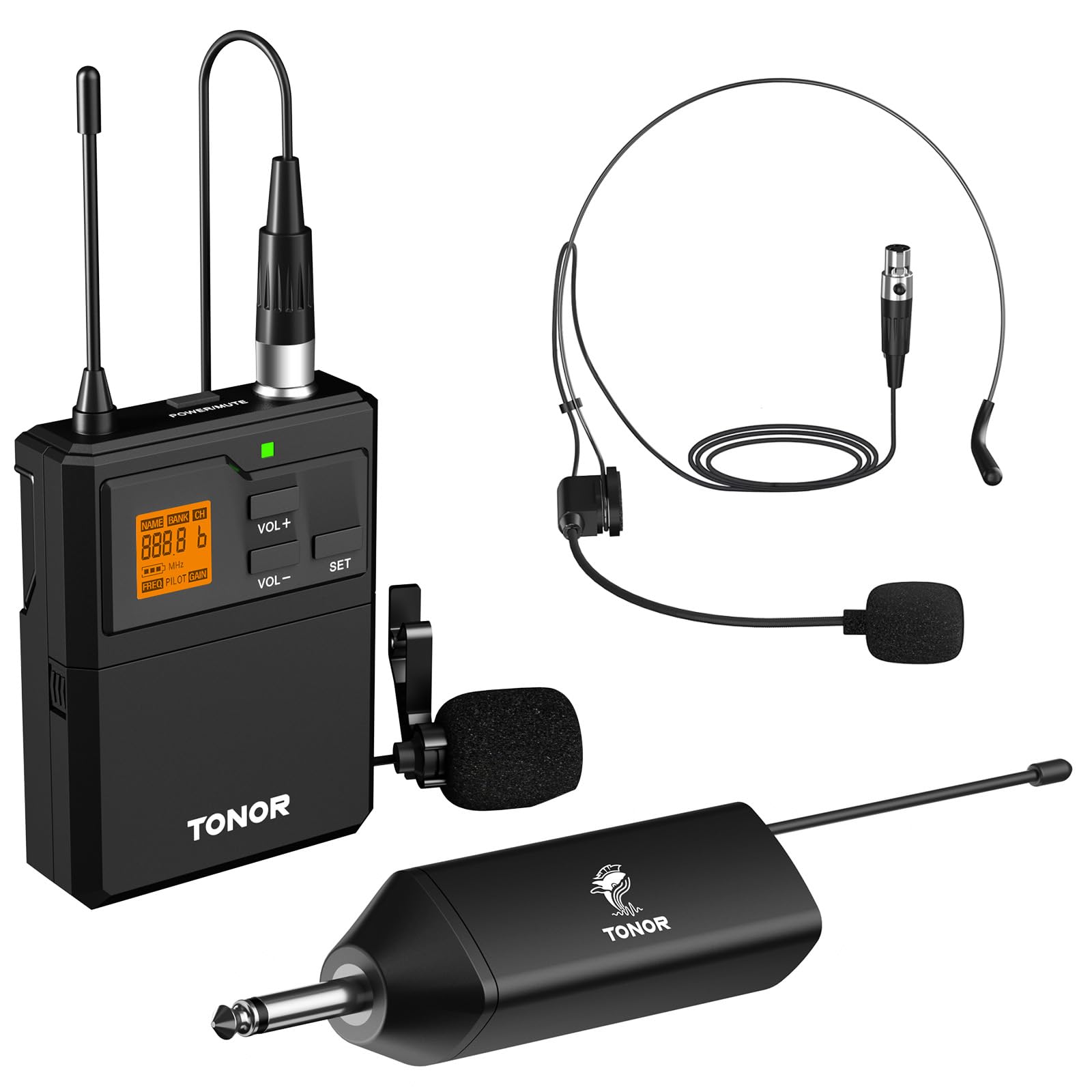 TONOR UHF Wireless Microphone System - 15 Channels 200ft Range with Headset & Lapel Mic for Live Performance, Recording, PA Speakers | Rechargeable Receiver & Bodypack Transmitter | Ideal for Church, Karaoke, Public Speaking & Stage Performances
