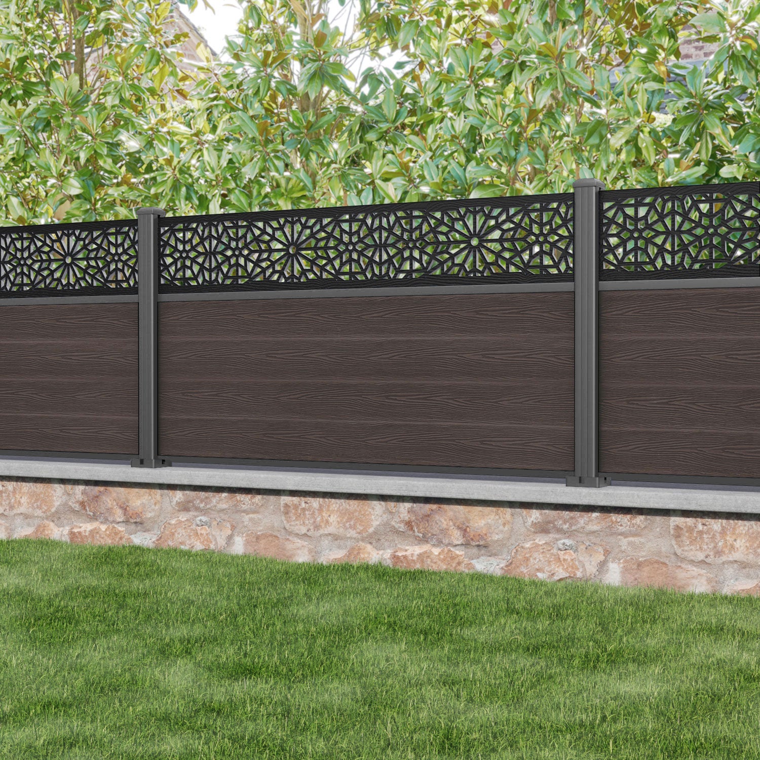 Classic Alnara Fence Panel - Mid Brown Wood Privacy Fence with Aluminum Posts | Durable Outdoor Garden Fence for Backyard, Patio & Poolside