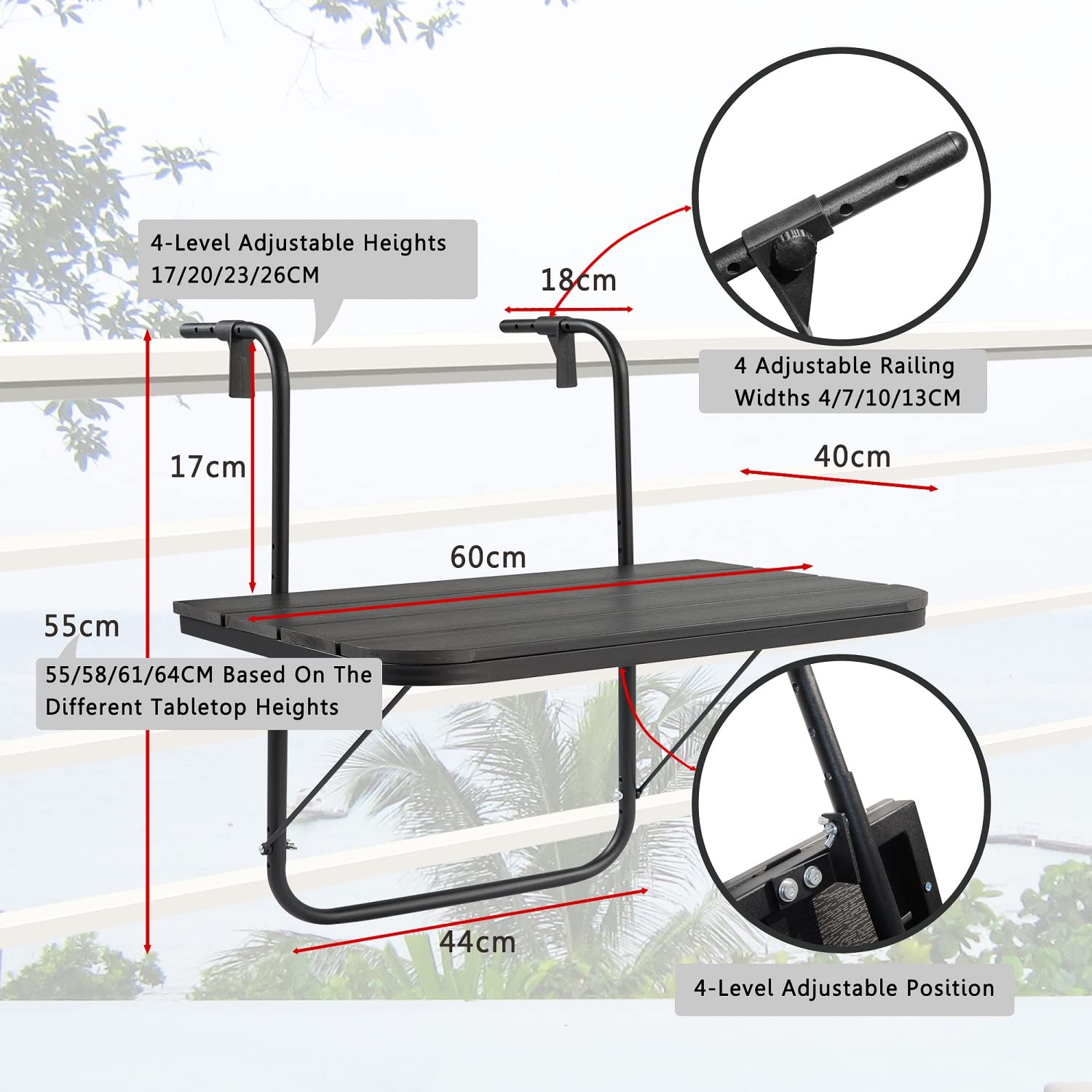 **Balcony Railing Table - Outdoor Hanging Folding Bar Table for Railings, Patio & Deck - Adjustable Aluminum Metal Side Table (23.6