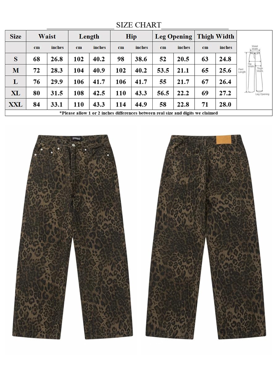 Y2K Leopard Print Baggy Jeans - Oversized Straight Leg Wide Pants for Men & Women | Streetwear Fashion for Casual Outfits & Retro Style