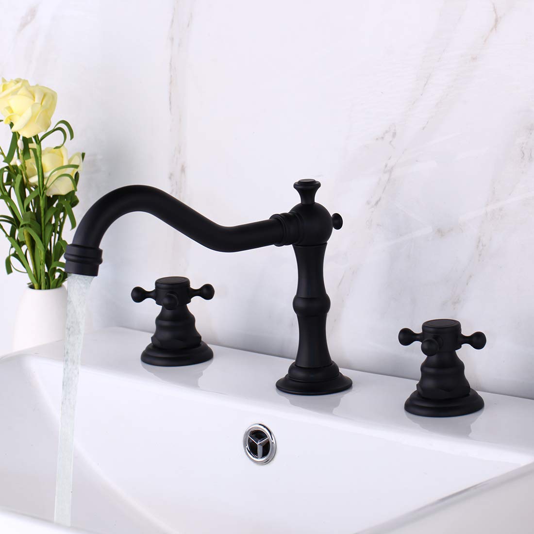 Matte Black Widespread Bathroom Faucet - 3 Hole Deck Mount Vessel Sink Faucet with Double Handle Cross Knobs & Hot/Cold Mixing Valve - Perfect for Vanity, Bathtub, and Bathroom Sink Installation