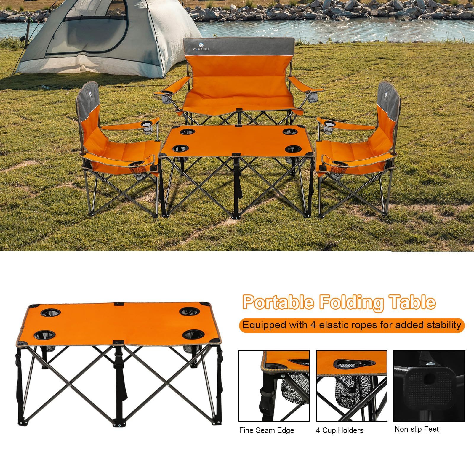 Camping Chair Set of 4 - Heavy Duty Folding Outdoor Chairs with Table & Cup Holders | Portable Lawn Chairs for Camping, Backyard, Beach & Picnic | Includes 1 Sofa Chair + 2 Single Chairs + Camping Table
