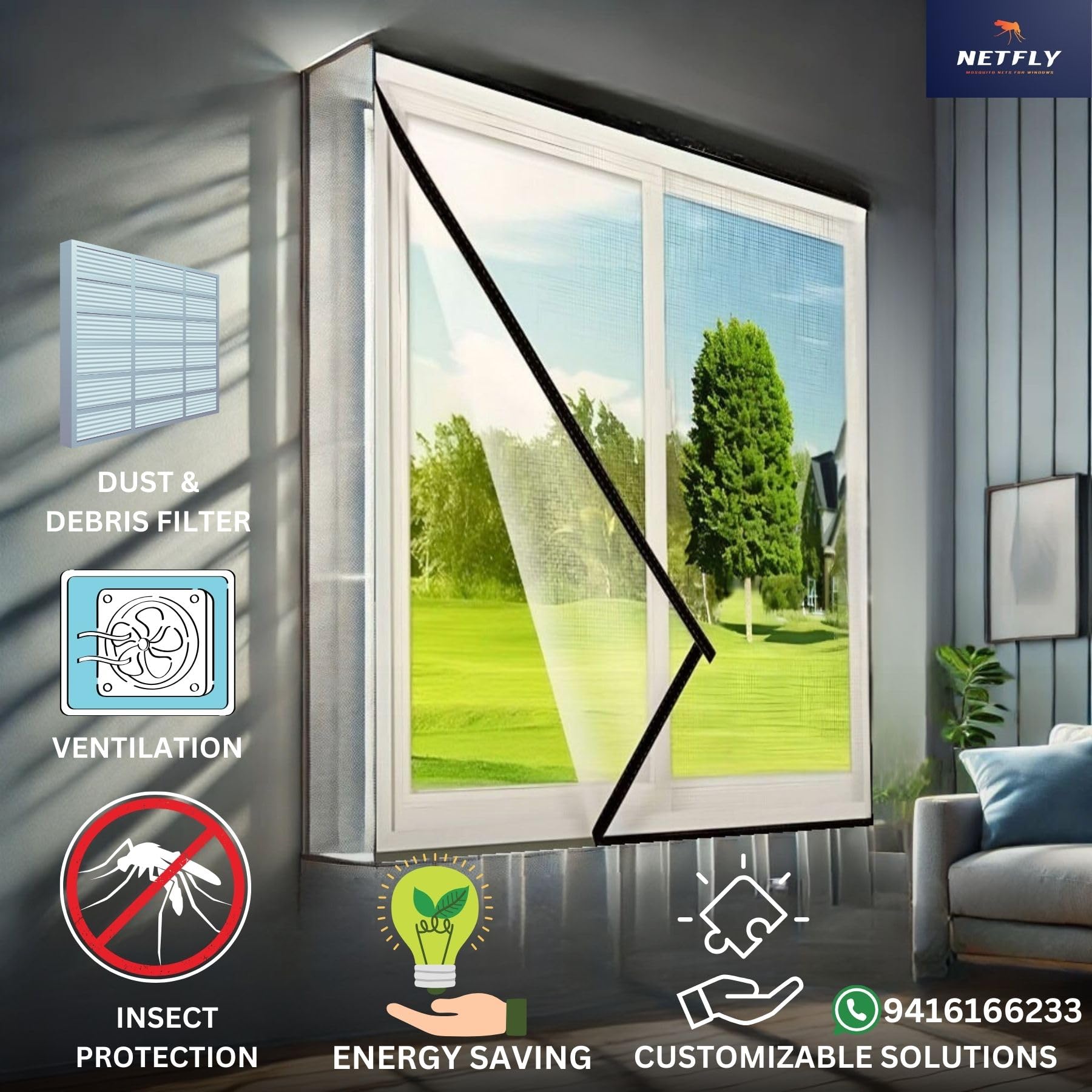 Netfly 120 GSM White Window Mosquito Net – Easy Install Polyester Mesh Insect Screen for Windows & Doors | Strong Adhesive Velcro | Washable & Reusable Bug Screen (4x5 FT) – Perfect for Bedrooms, Patios & Camping to Keep Mosquitoes Out