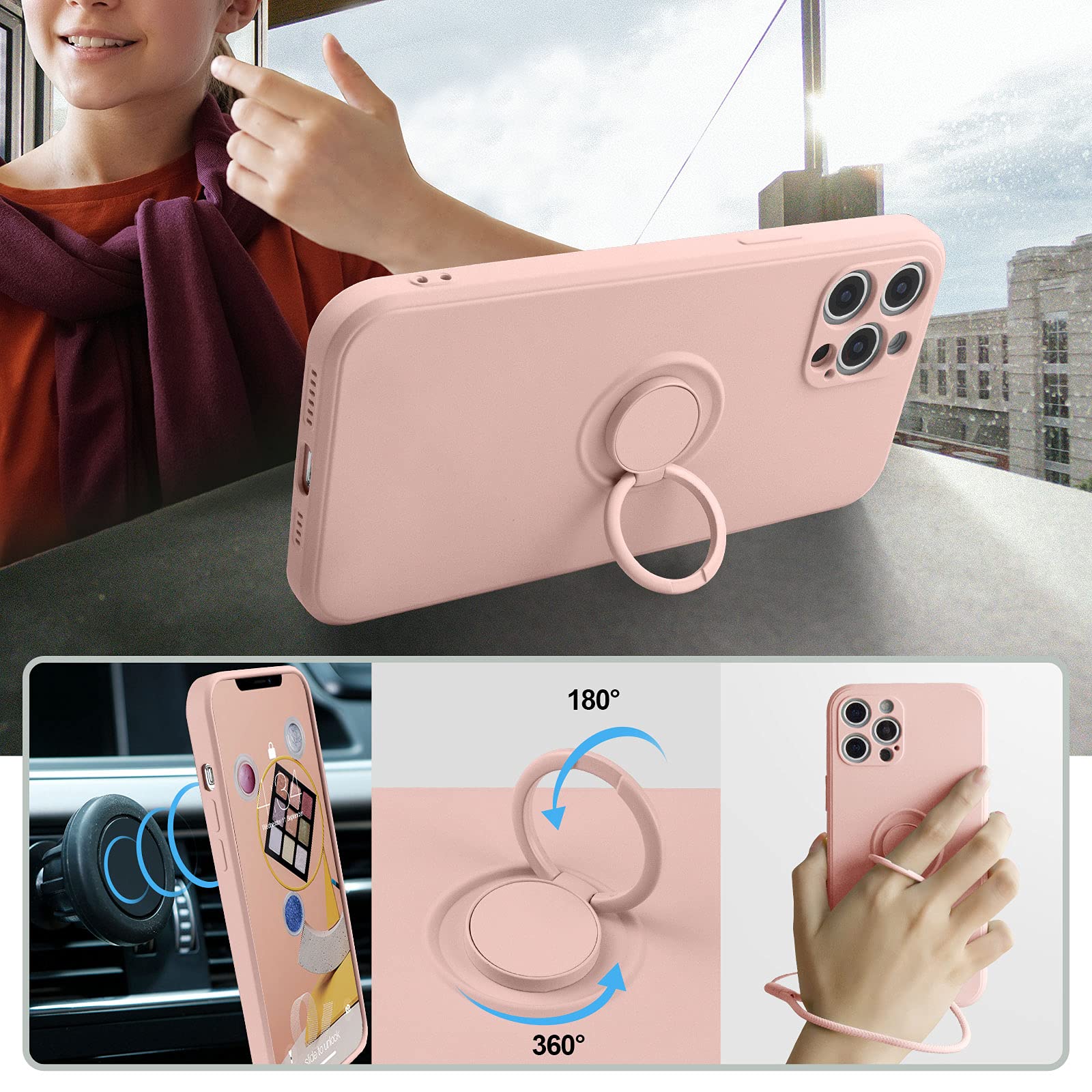 ABITKU iPhone 12 Pro Max Case (6.7-inch 2020) - Premium Silicone Cover with 360° Rotating Ring Kickstand & Magnetic Car Mount Support | Soft Microfiber Lining | Perfect for Daily Use, Travel & Hands-Free Viewing (Pink)