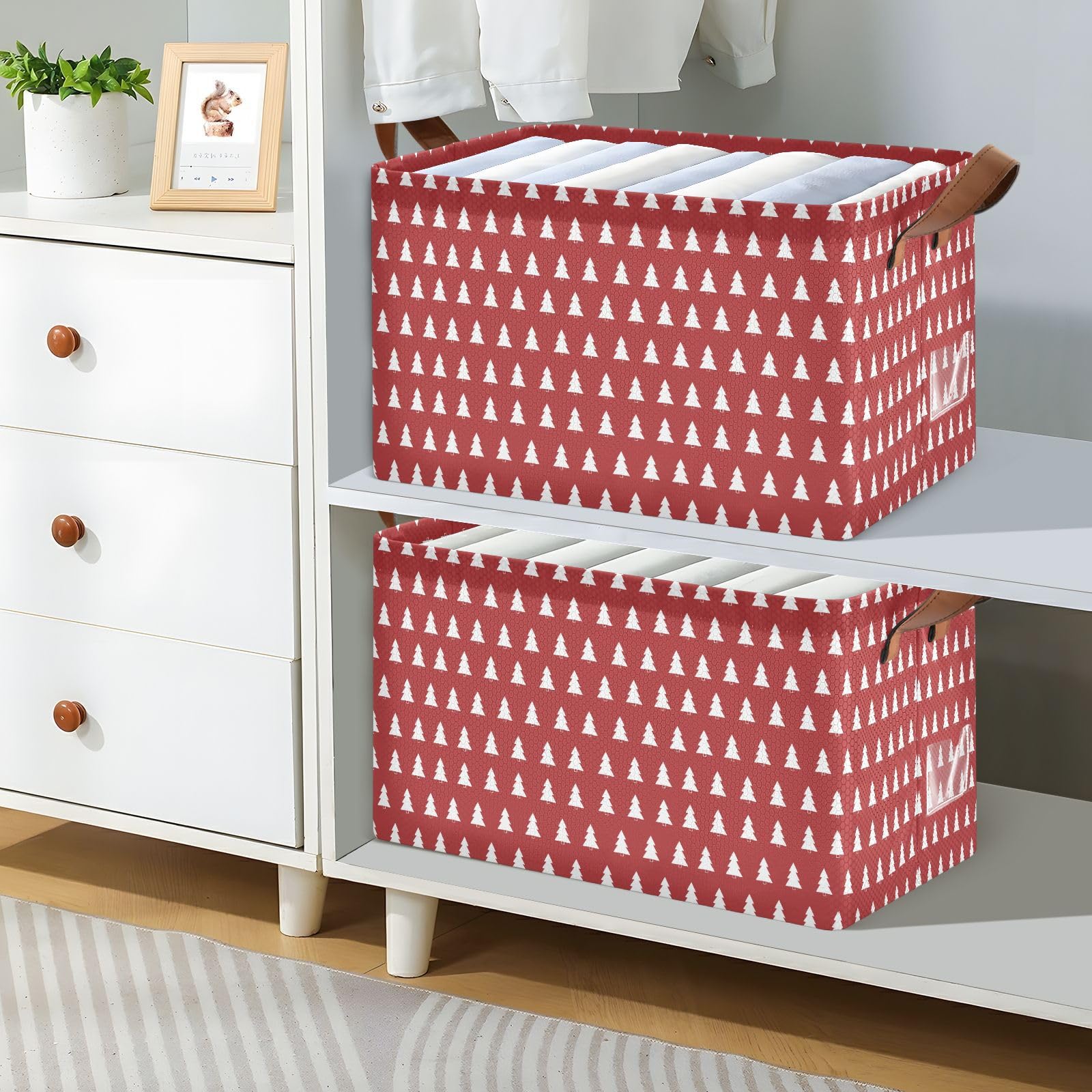 Red Christmas Trees & White Fabric Storage Bins - Collapsible Decorative Baskets with Handles for Closet, Toy & Gift Organization | Holiday Home Decor & Seasonal Storage Solutions