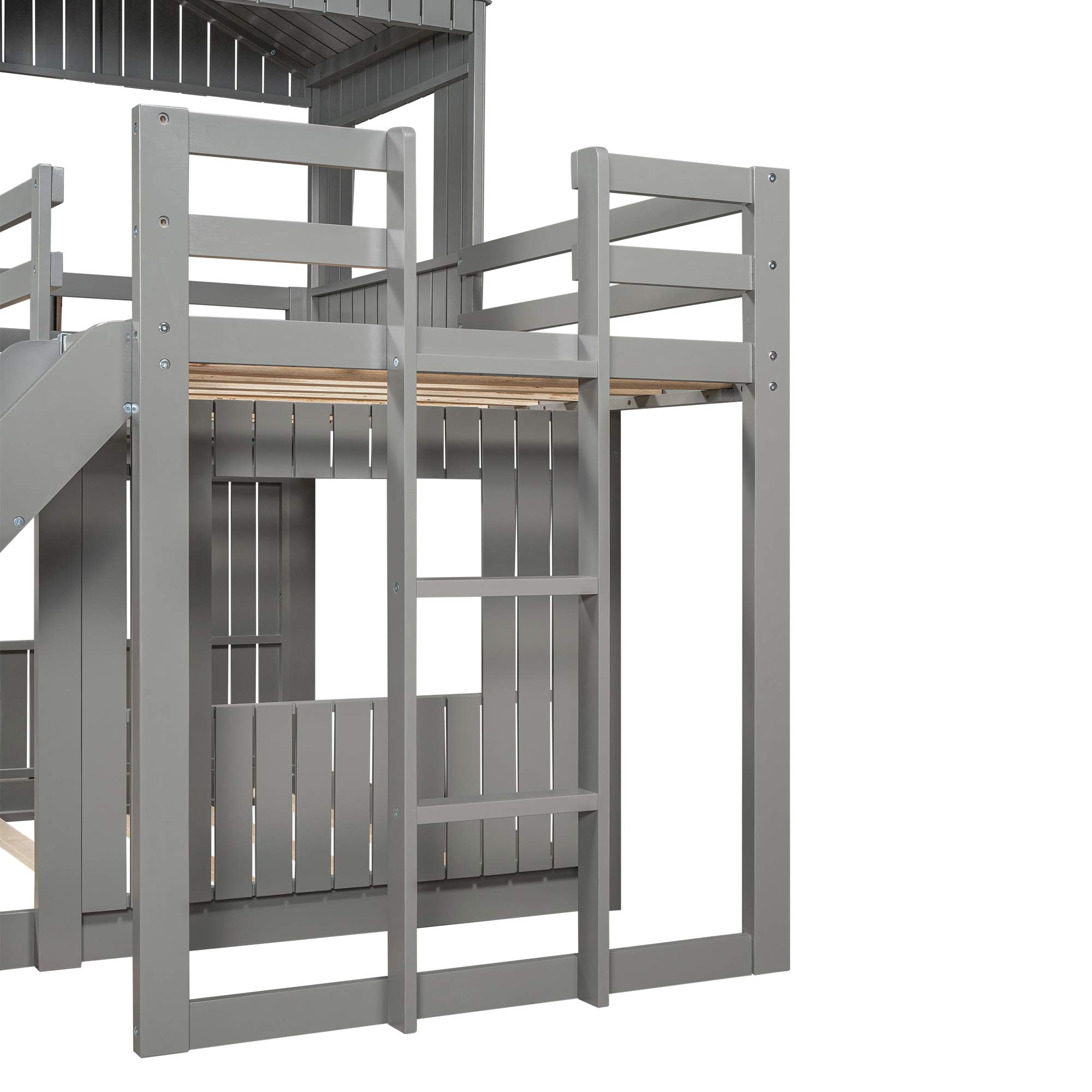 Quarte Twin Over Full Bunk Bed with Slide & Ladder - Solid Wood Loft Bed Frame with Playhouse, Farmhouse Design & Safety Guardrails - Perfect for Teens, Kids, Toddlers, Boys & Girls (Gray-9) - Ideal for Small Bedrooms, Kids' Rooms & Shared Spaces
