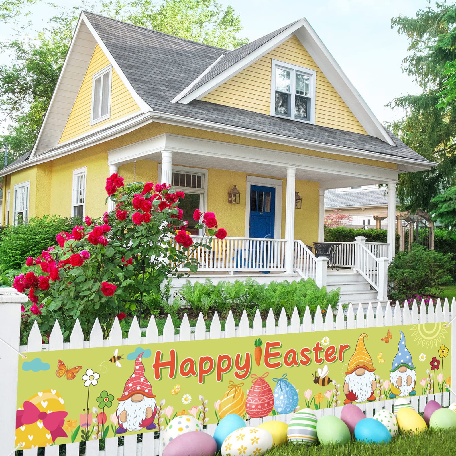 WEALLIN Easter Banners for Front Porch Decor - Spring Gnome Themed Indoor/Outdoor Easter Decorations - Happy Easter Party Banner & Backdrop - Perfect for Easter Celebrations, Home Decor, and Spring Festivities